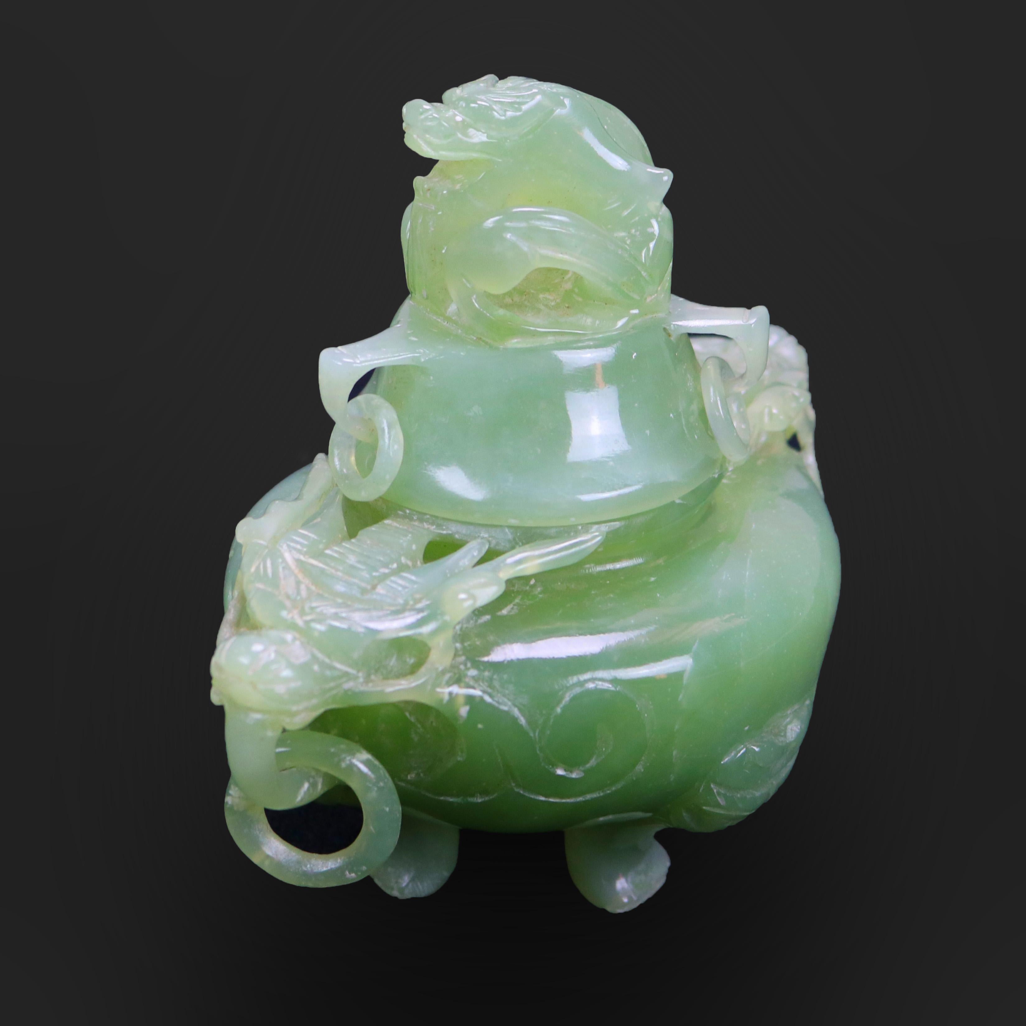 20th Century Antique Chinese Carved Green Jade Figural & Footed Dragon Censor circa 1920