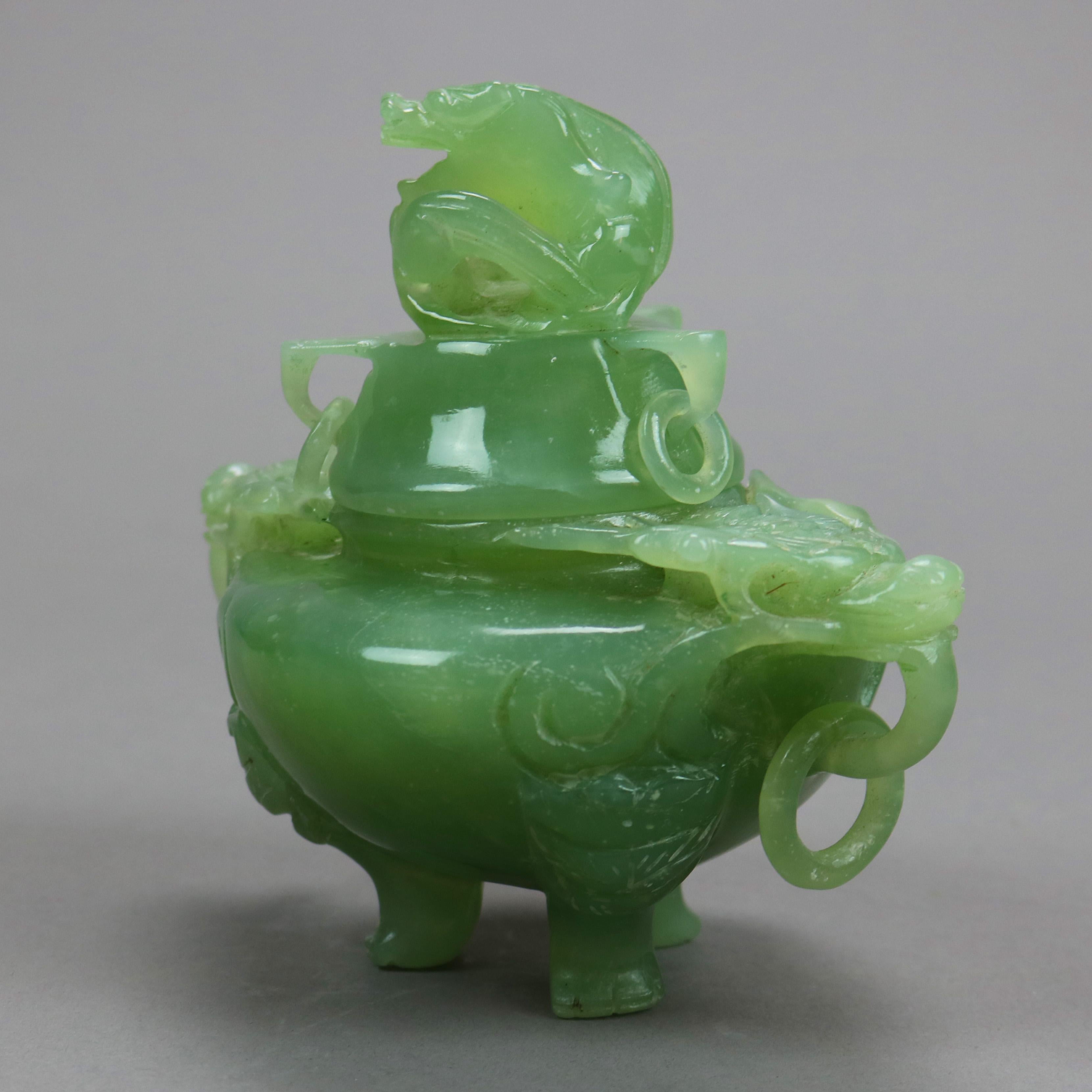 Antique Chinese Carved Green Jade Figural & Footed Dragon Censor circa 1920 2