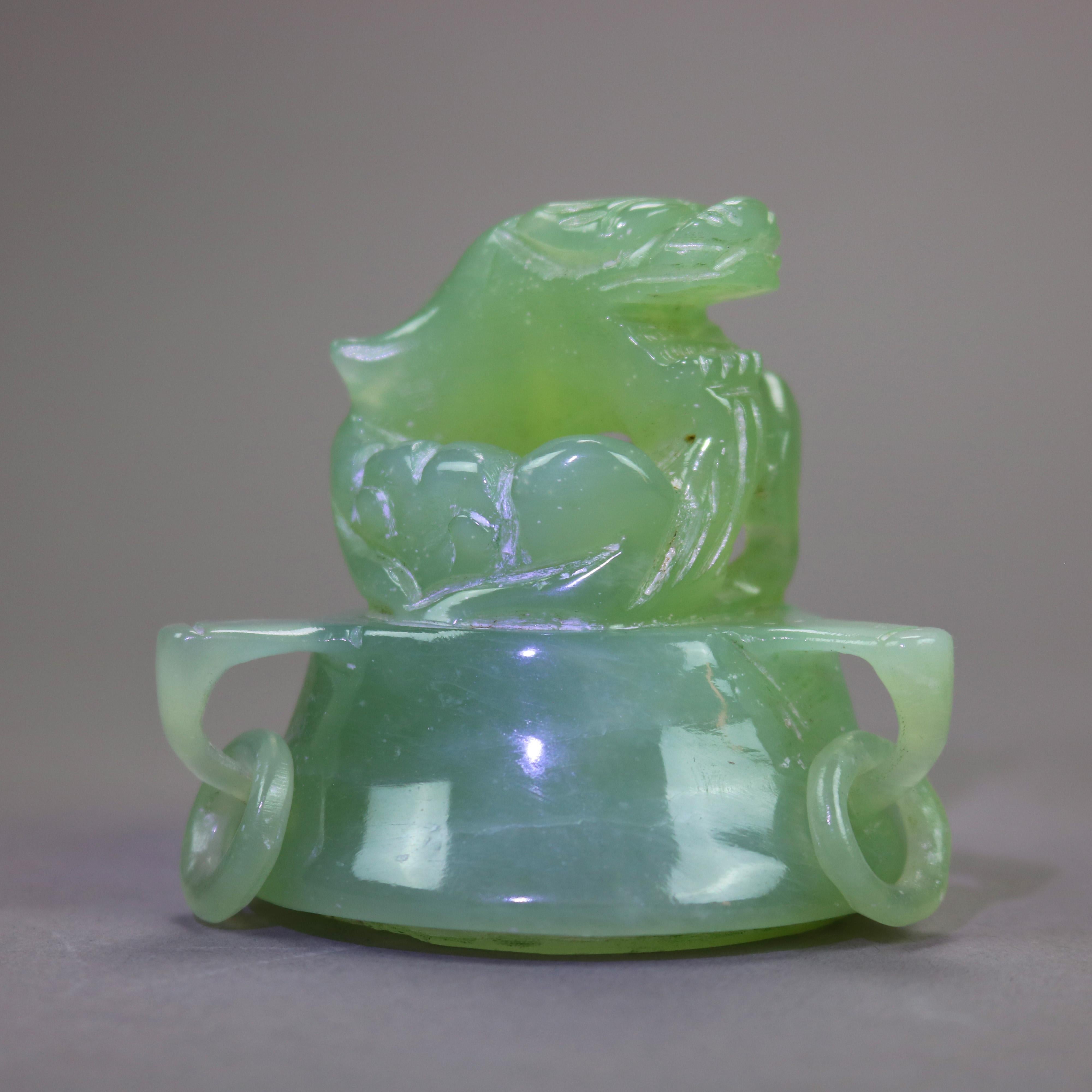 Antique Chinese Carved Green Jade Figural & Footed Dragon Censor circa 1920 4