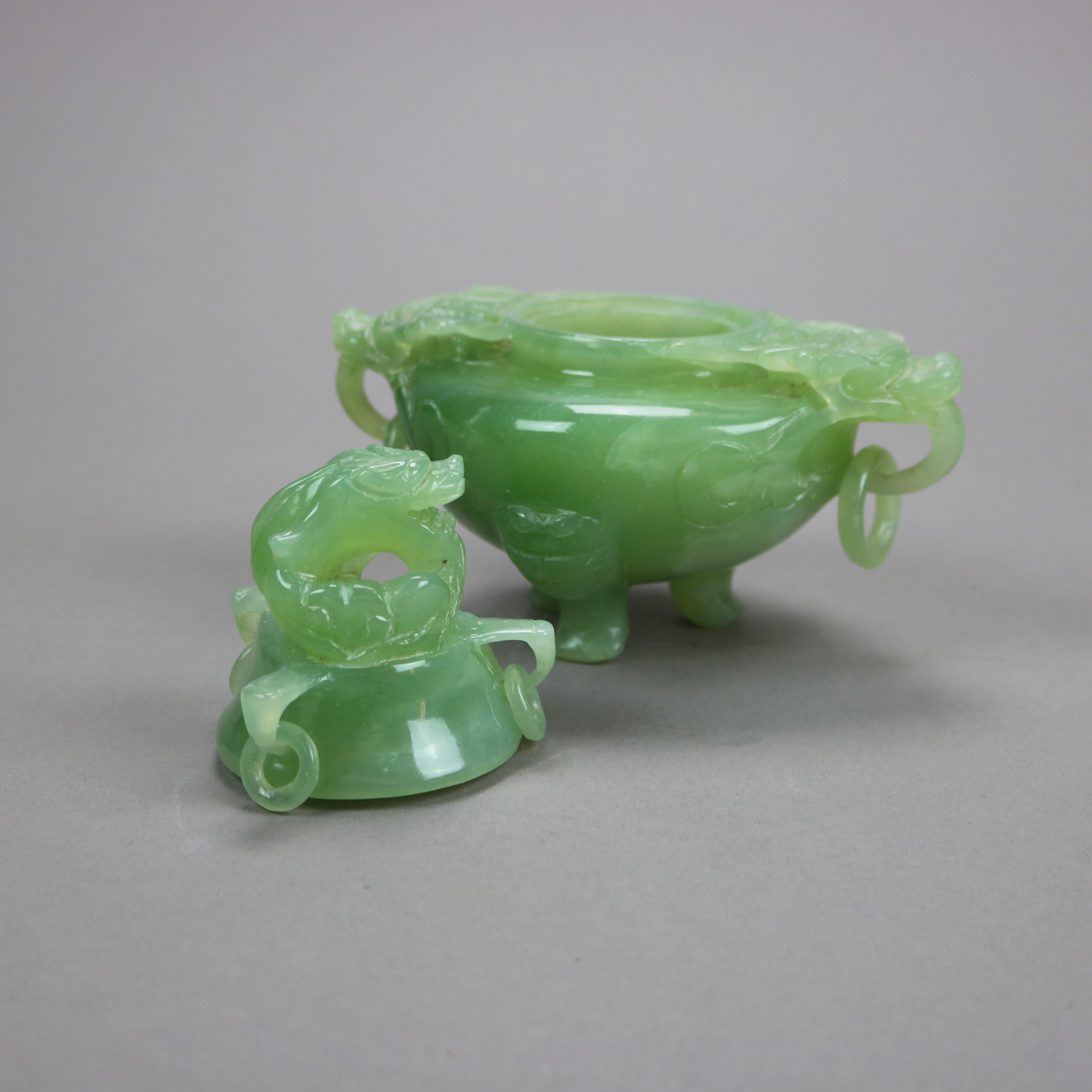 Antique Chinese Carved Green Jade Figural & Footed Dragon Censor circa 1920 5