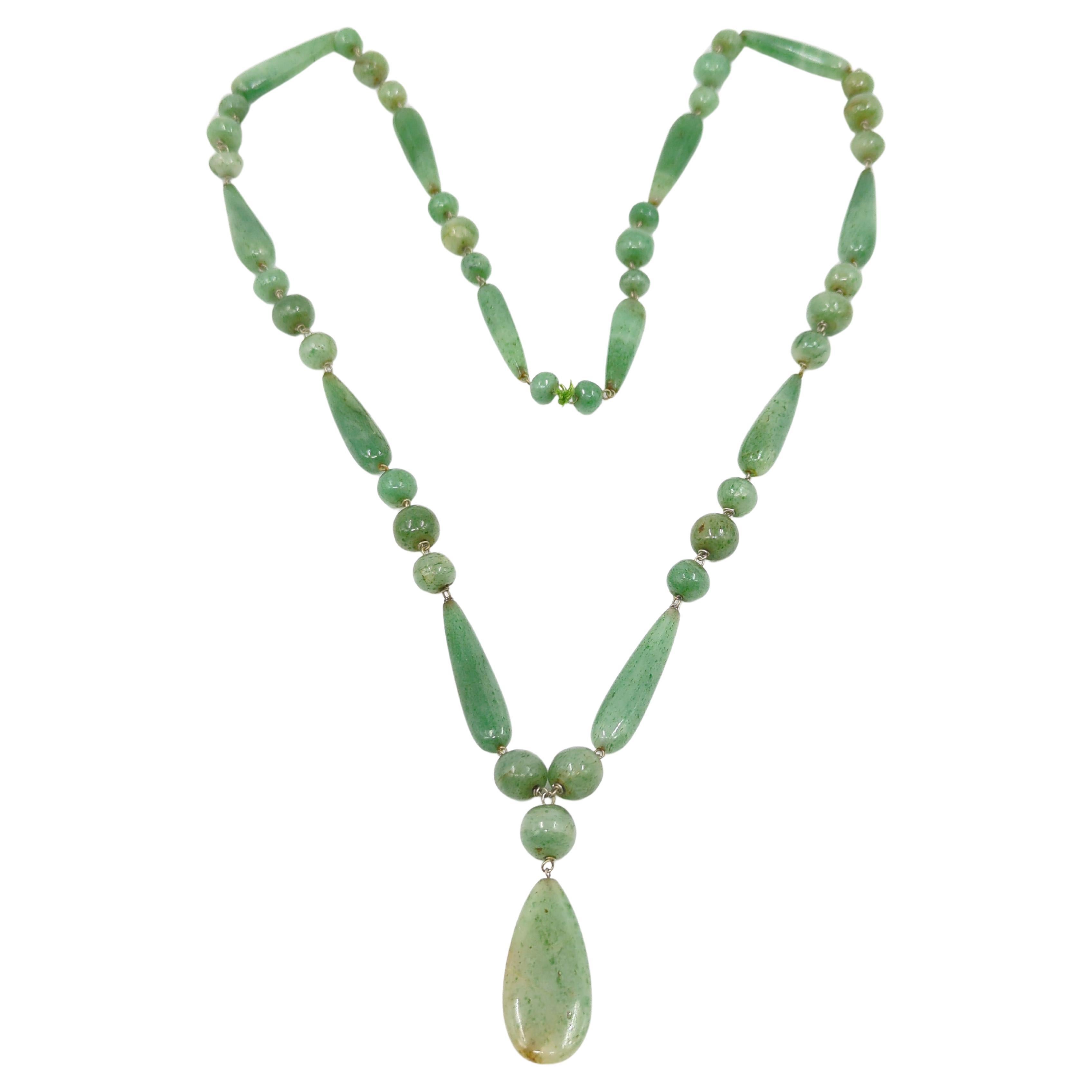 Antike chinesische geschnitzte natürliche grüne Nephrit-Jade-Halskette mit Perlen-Anhänger 32