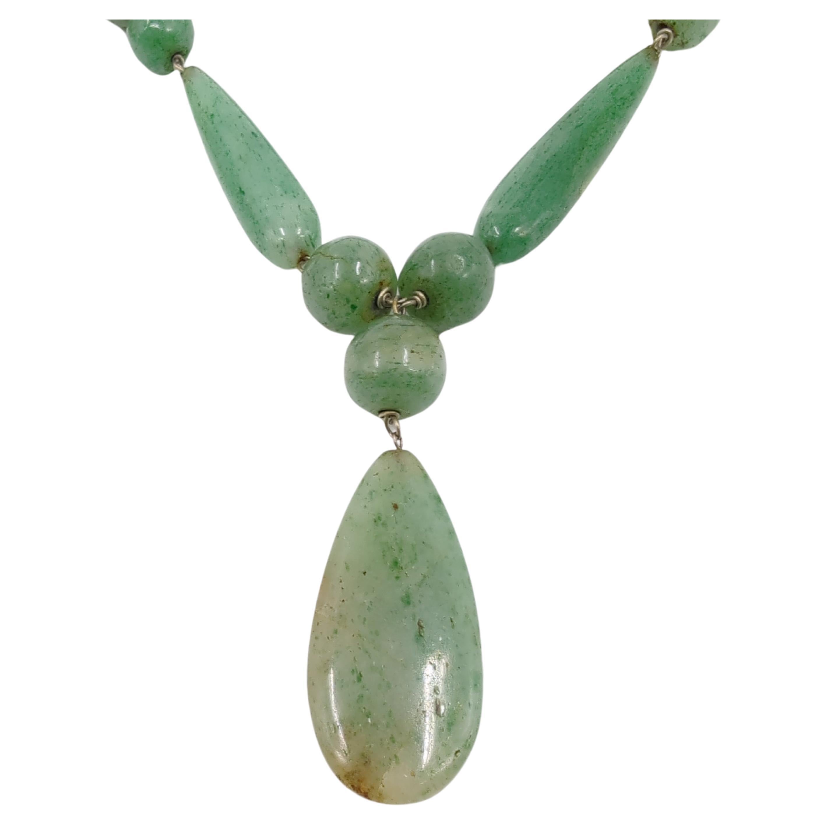 Women's or Men's Antique Chinese Carved Natural Green Nephrite Jade Pendant Beaded Necklace 32