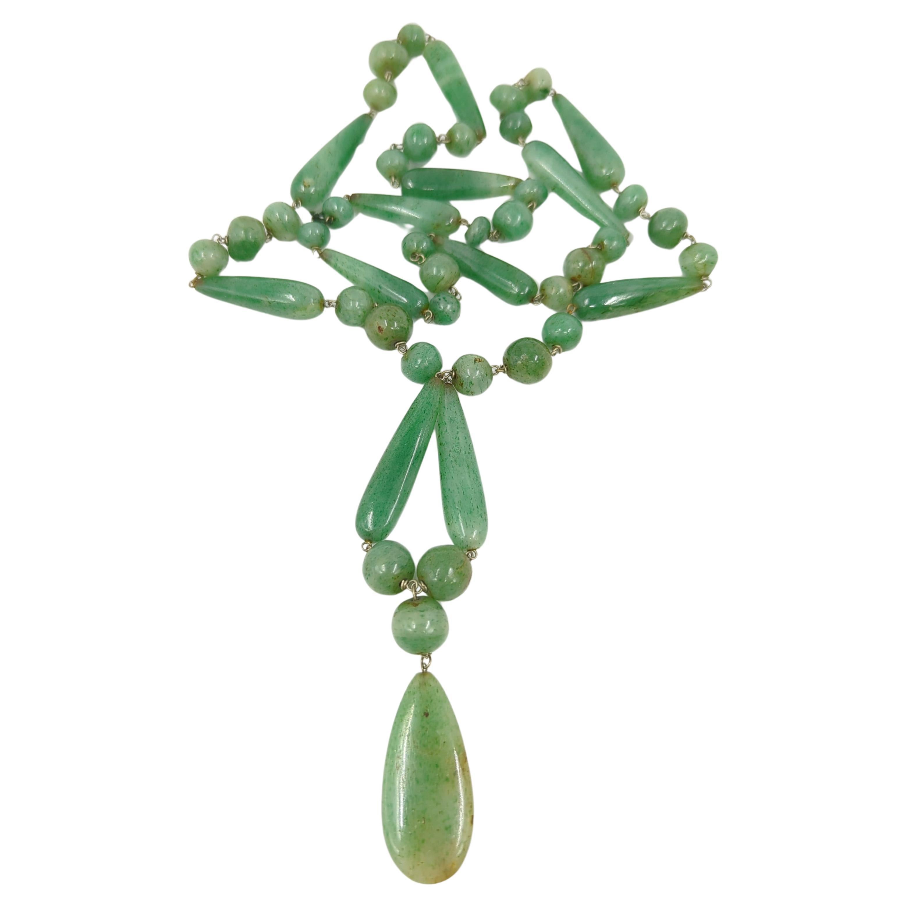 Antique Chinois sculpté naturel Nephrite vert Jade pendentif perlé 32" Collier de perles 