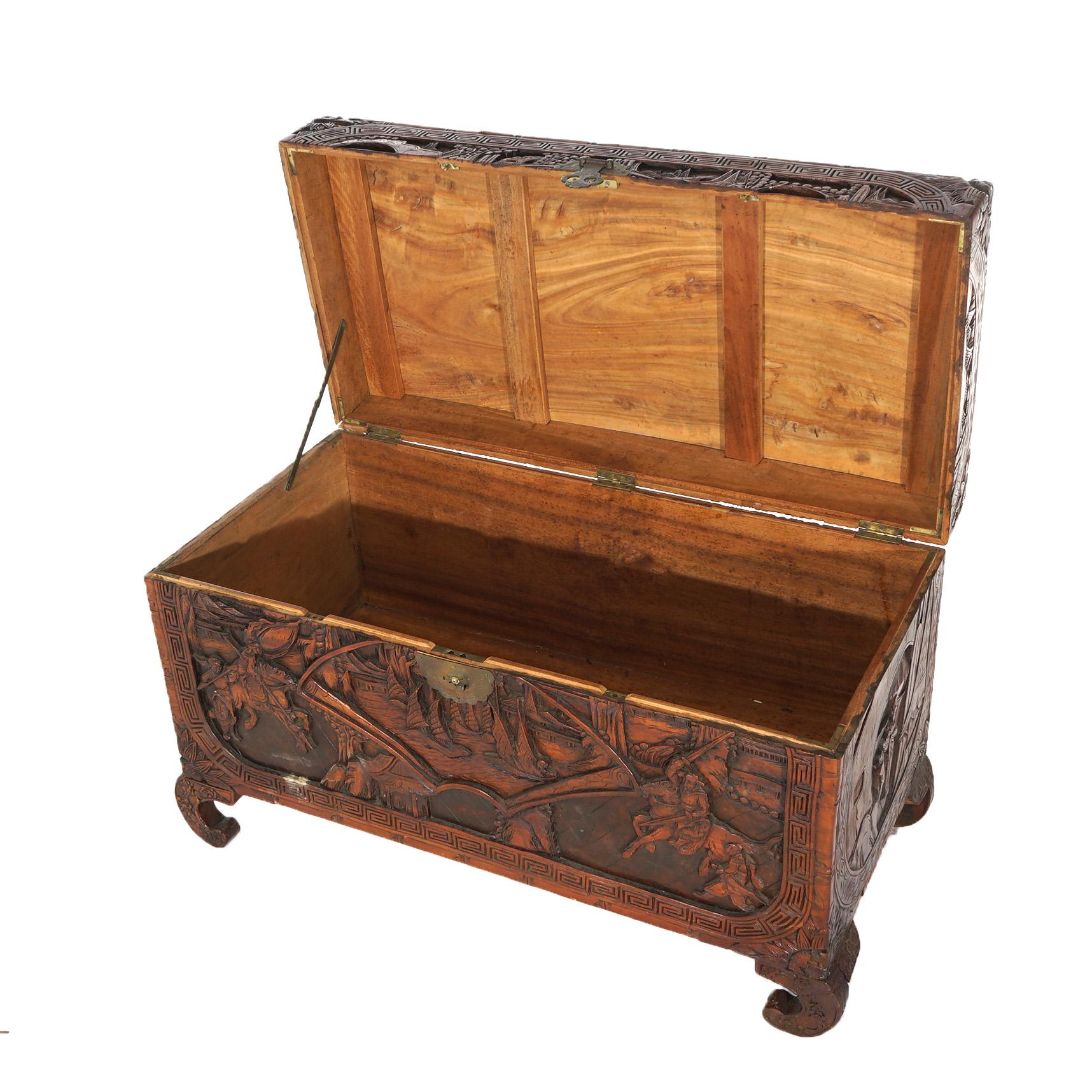Antique Chinese Carved Hardwood Chest with Figures & Scenes in Relief C1920 For Sale 6