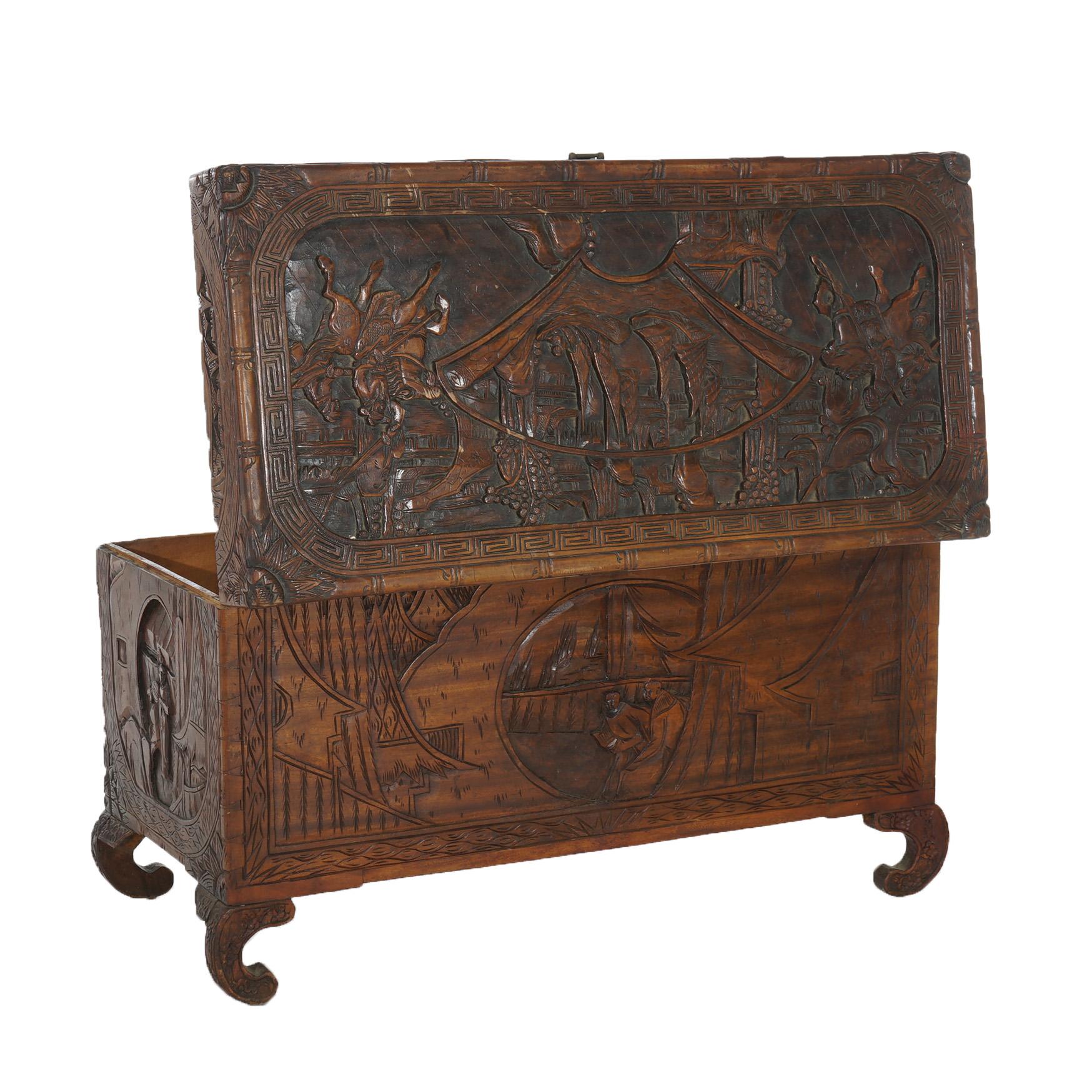 Antique Chinese Carved Hardwood Chest with Figures & Scenes in Relief C1920 For Sale 8