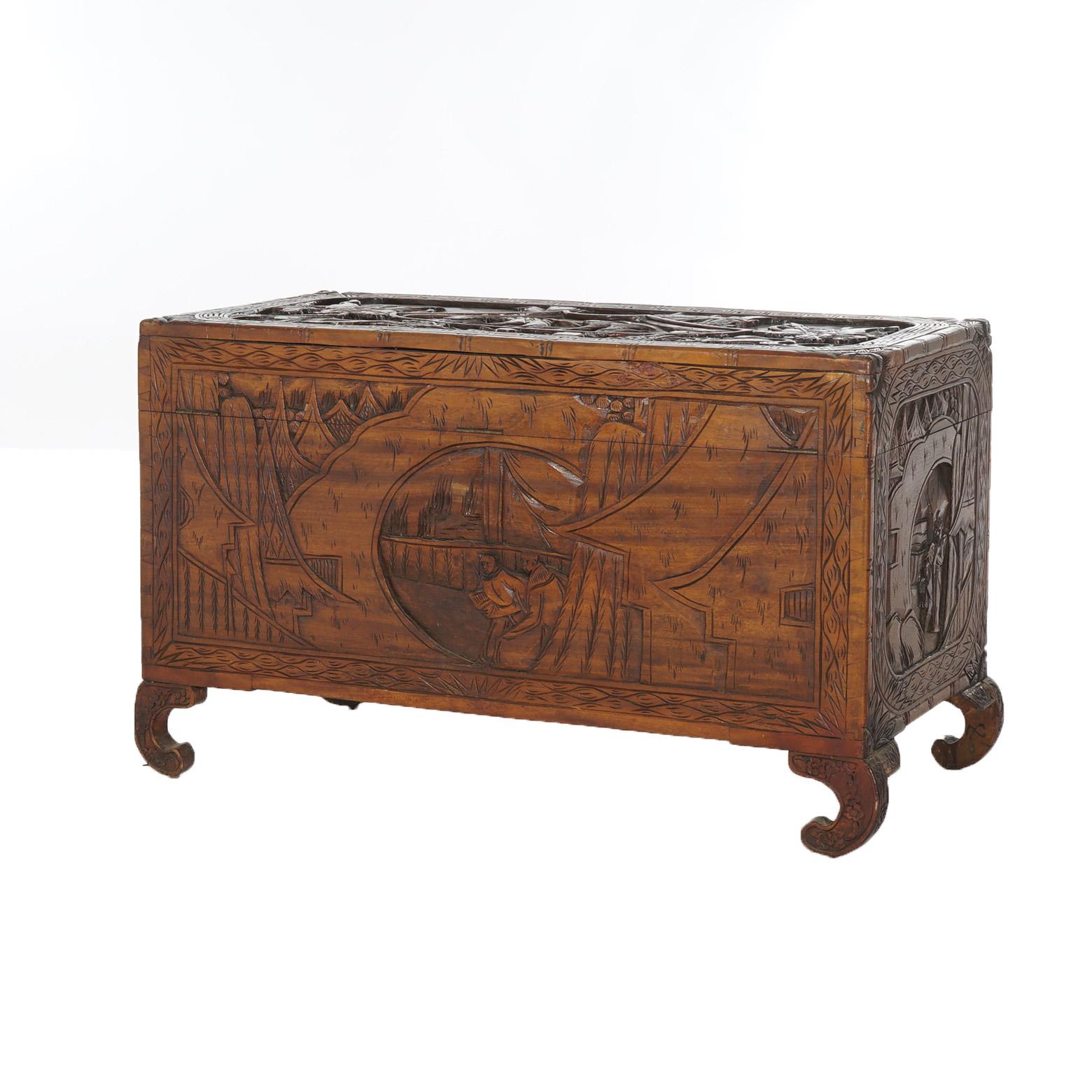 Antique Chinese Carved Hardwood Chest with Figures & Scenes in Relief C1920 For Sale 9