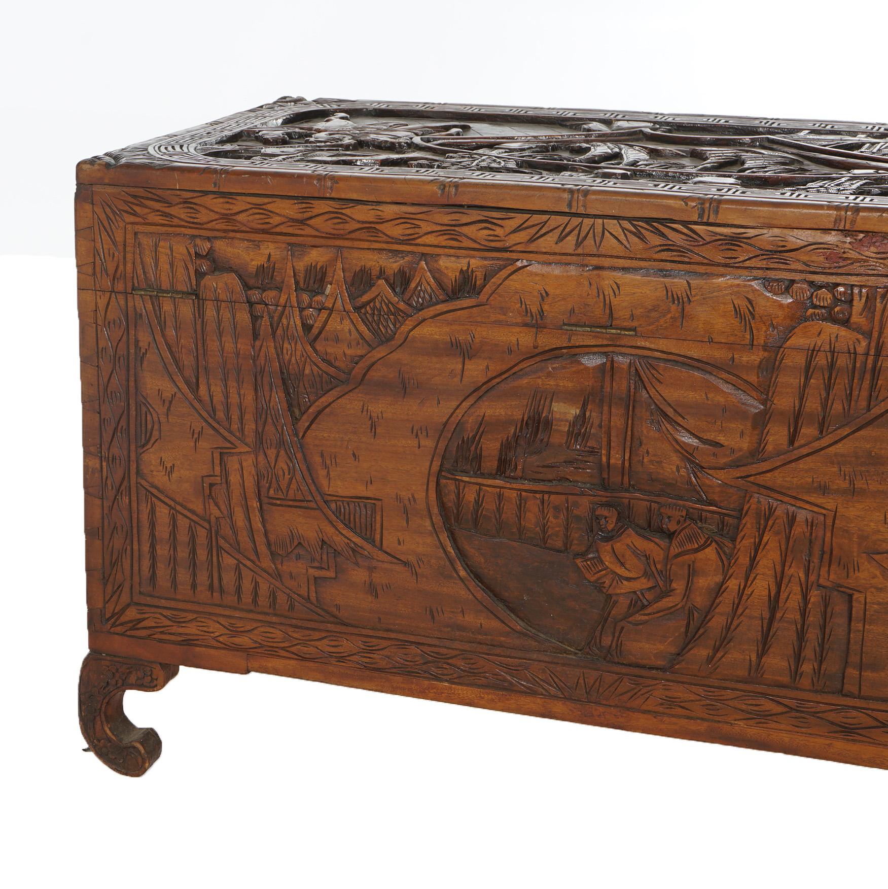 Antique Chinese Carved Hardwood Chest with Figures & Scenes in Relief C1920 For Sale 10