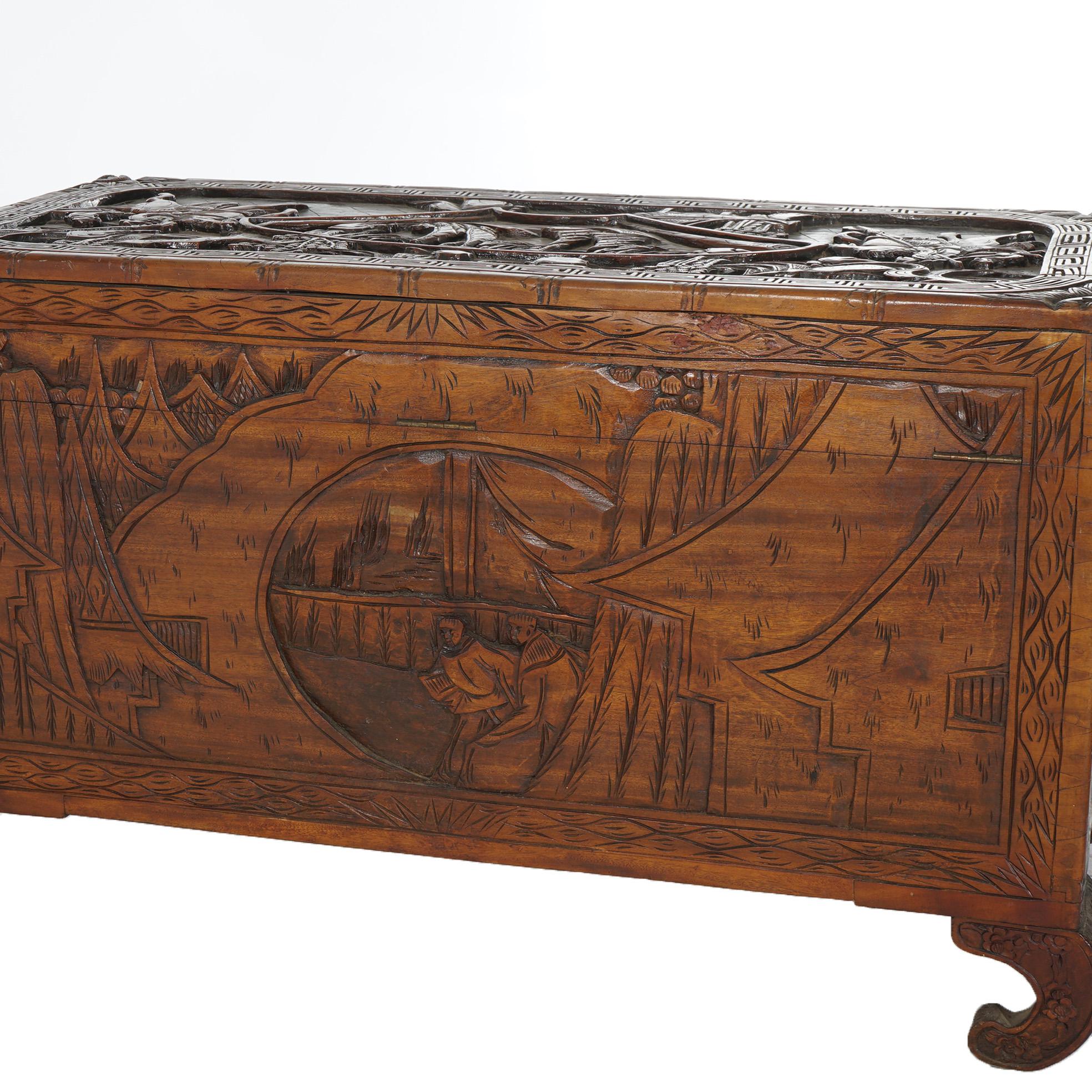 Antique Chinese Carved Hardwood Chest with Figures & Scenes in Relief C1920 For Sale 11