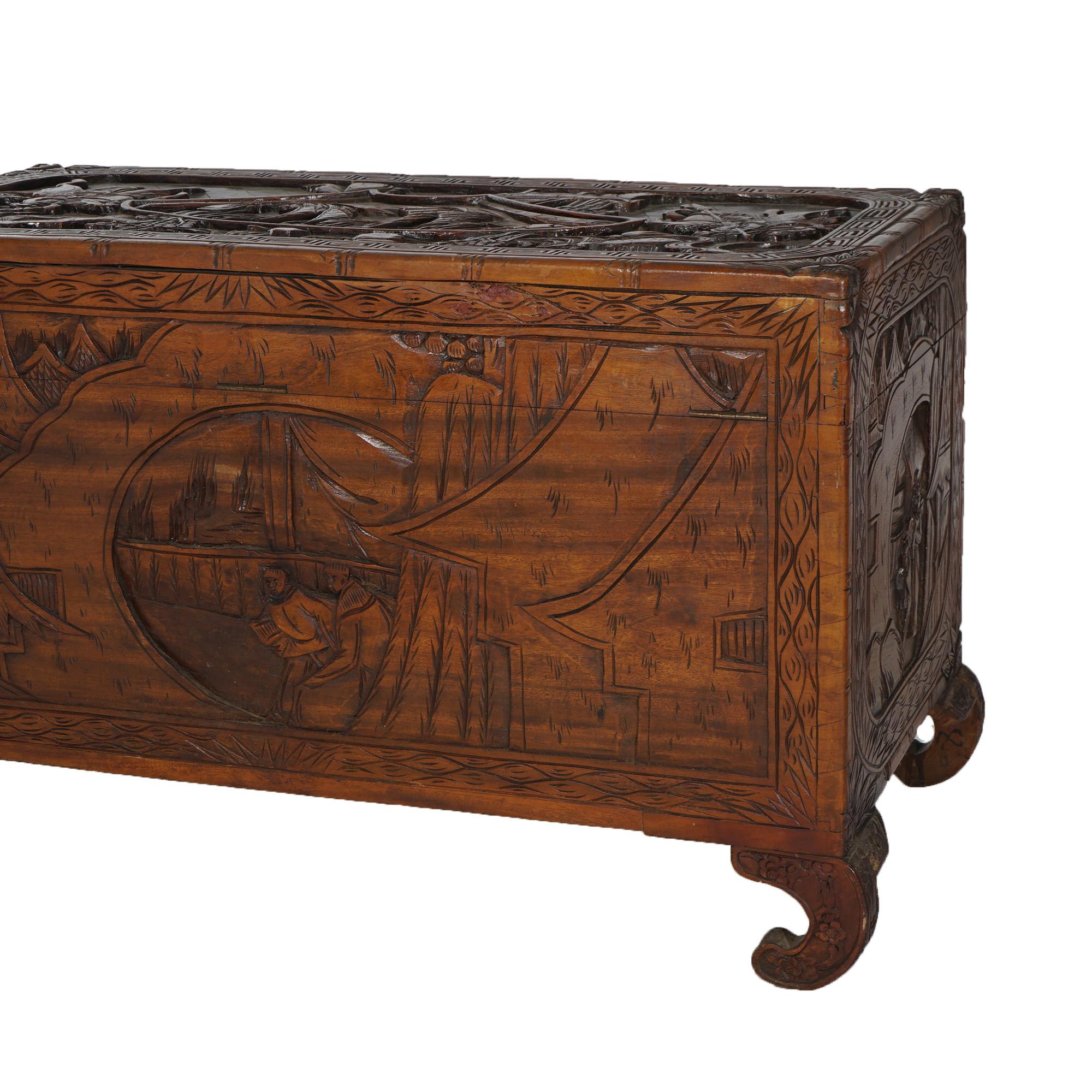 Antique Chinese Carved Hardwood Chest with Figures & Scenes in Relief C1920 For Sale 12