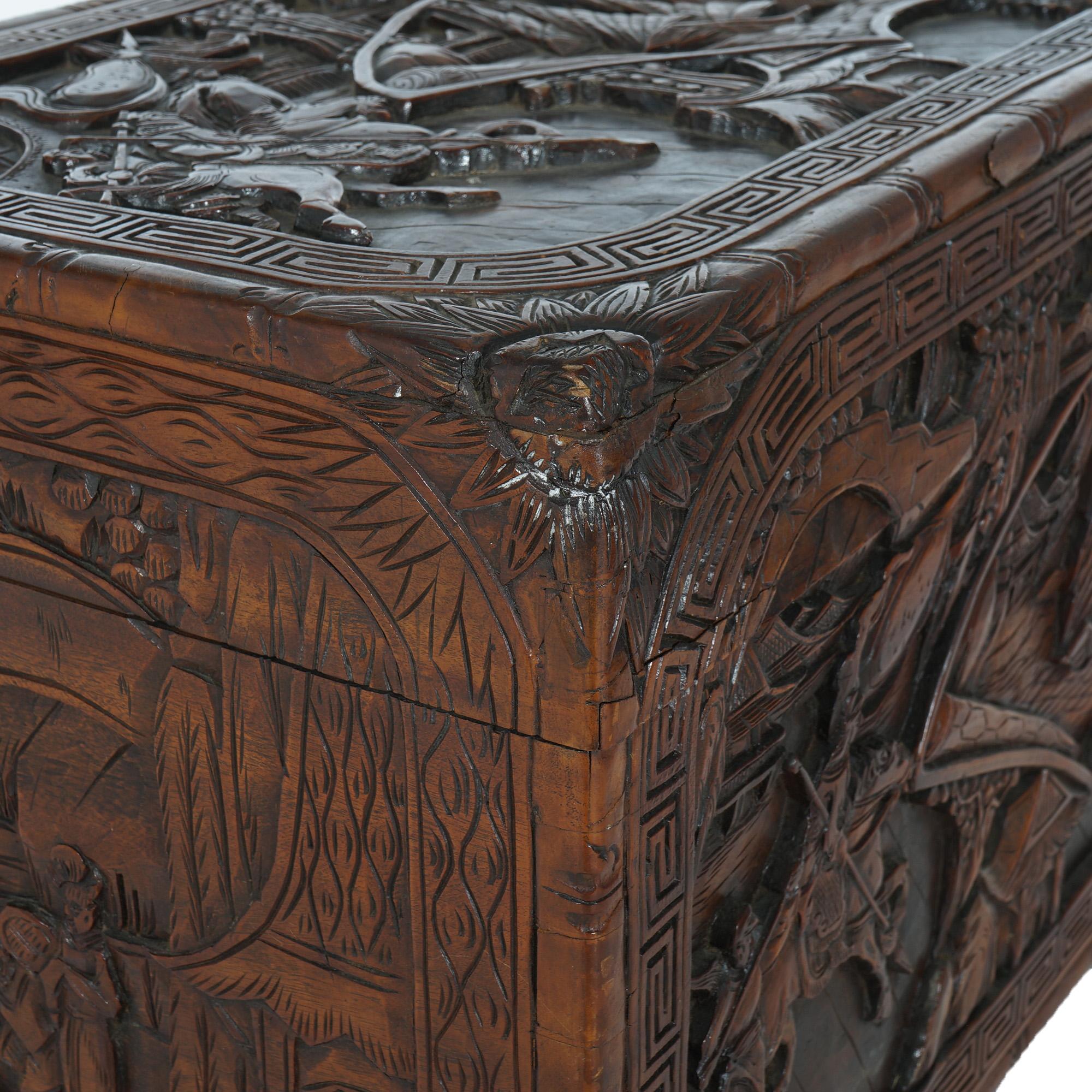 Antique Chinese Carved Hardwood Chest with Figures & Scenes in Relief C1920 For Sale 14