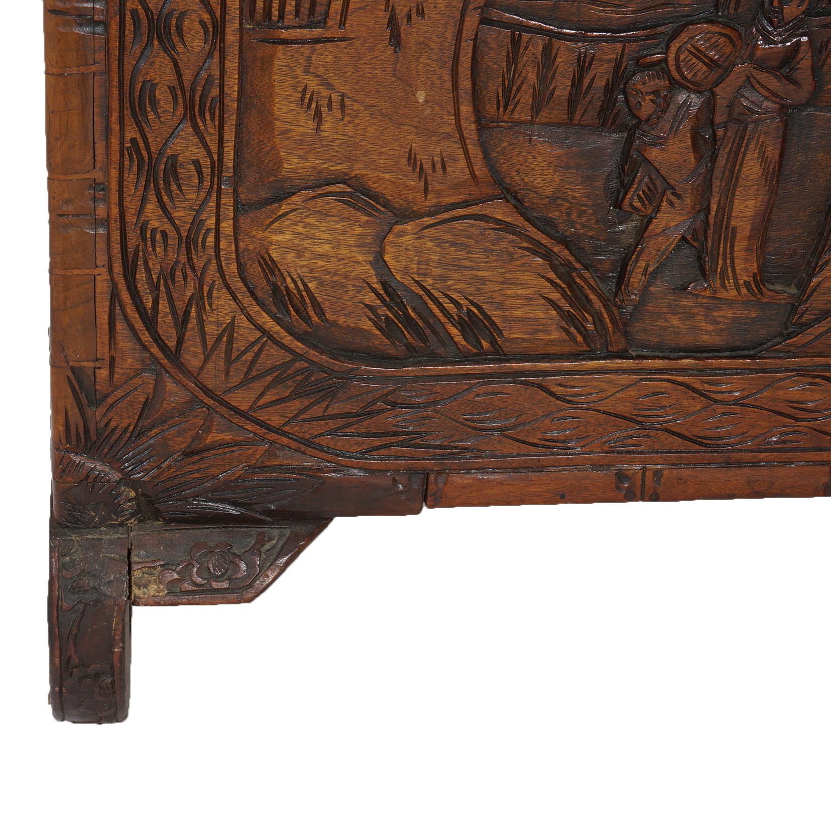 Antique Chinese Carved Hardwood Chest with Figures & Scenes in Relief C1920 For Sale 15