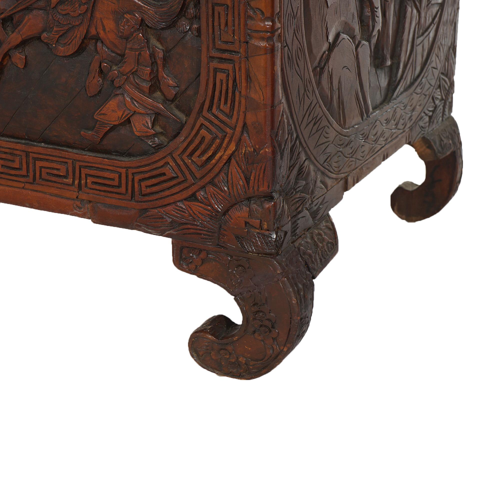 Antique Chinese Carved Hardwood Chest with Figures & Scenes in Relief with Stylized Scrolled Feet C1920

Measures - 24.25