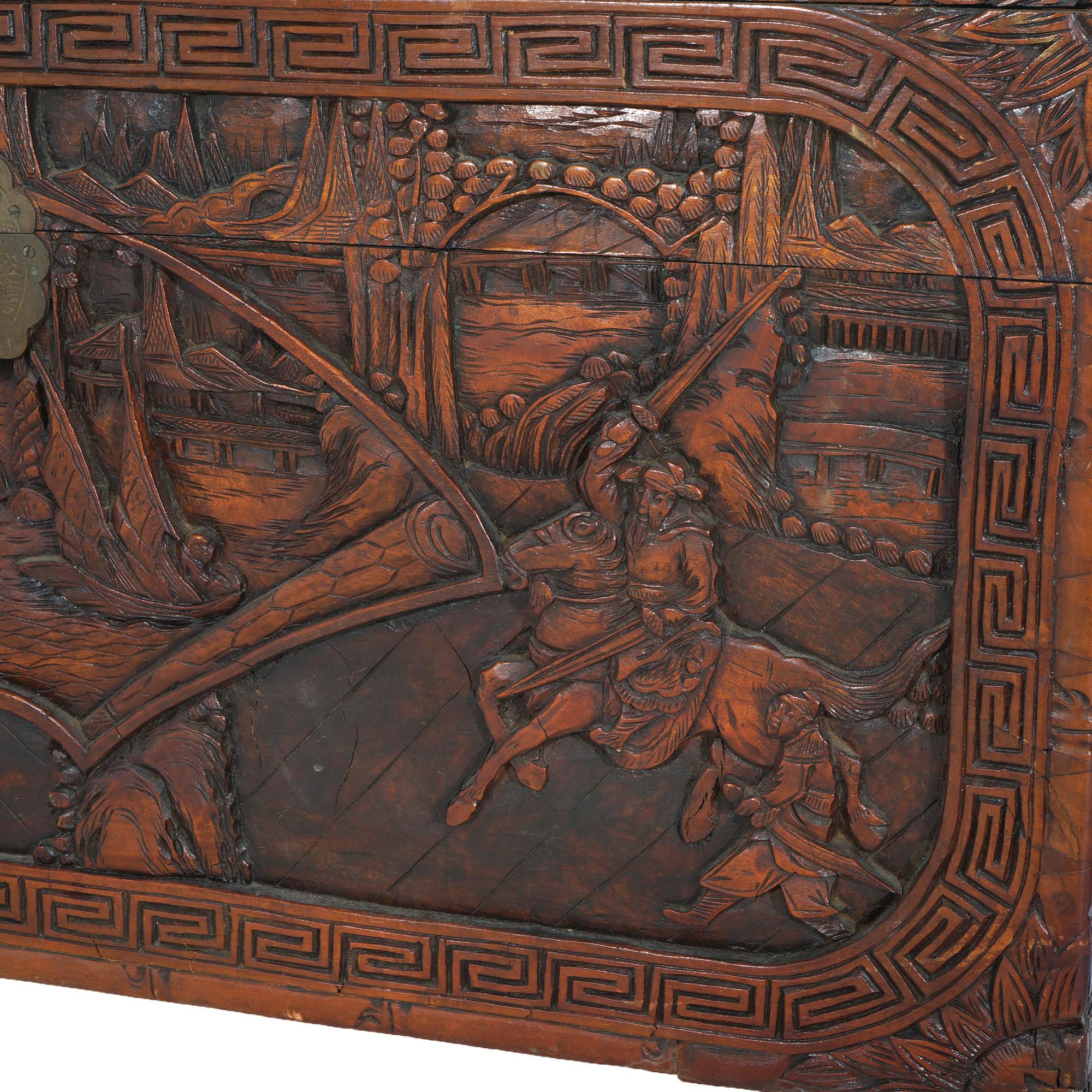 Antique Chinese Carved Hardwood Chest with Figures & Scenes in Relief C1920 In Good Condition For Sale In Big Flats, NY