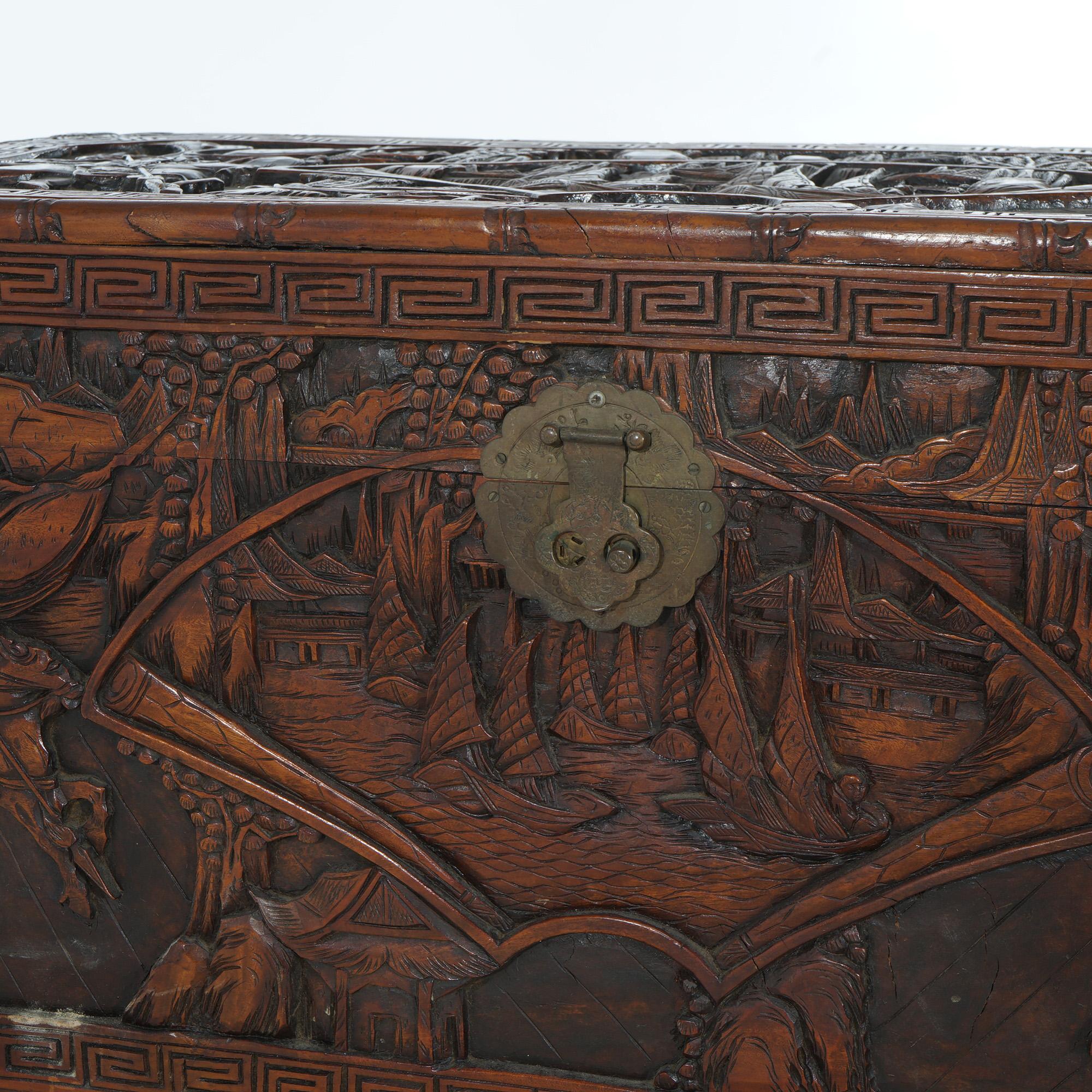 20th Century Antique Chinese Carved Hardwood Chest with Figures & Scenes in Relief C1920 For Sale