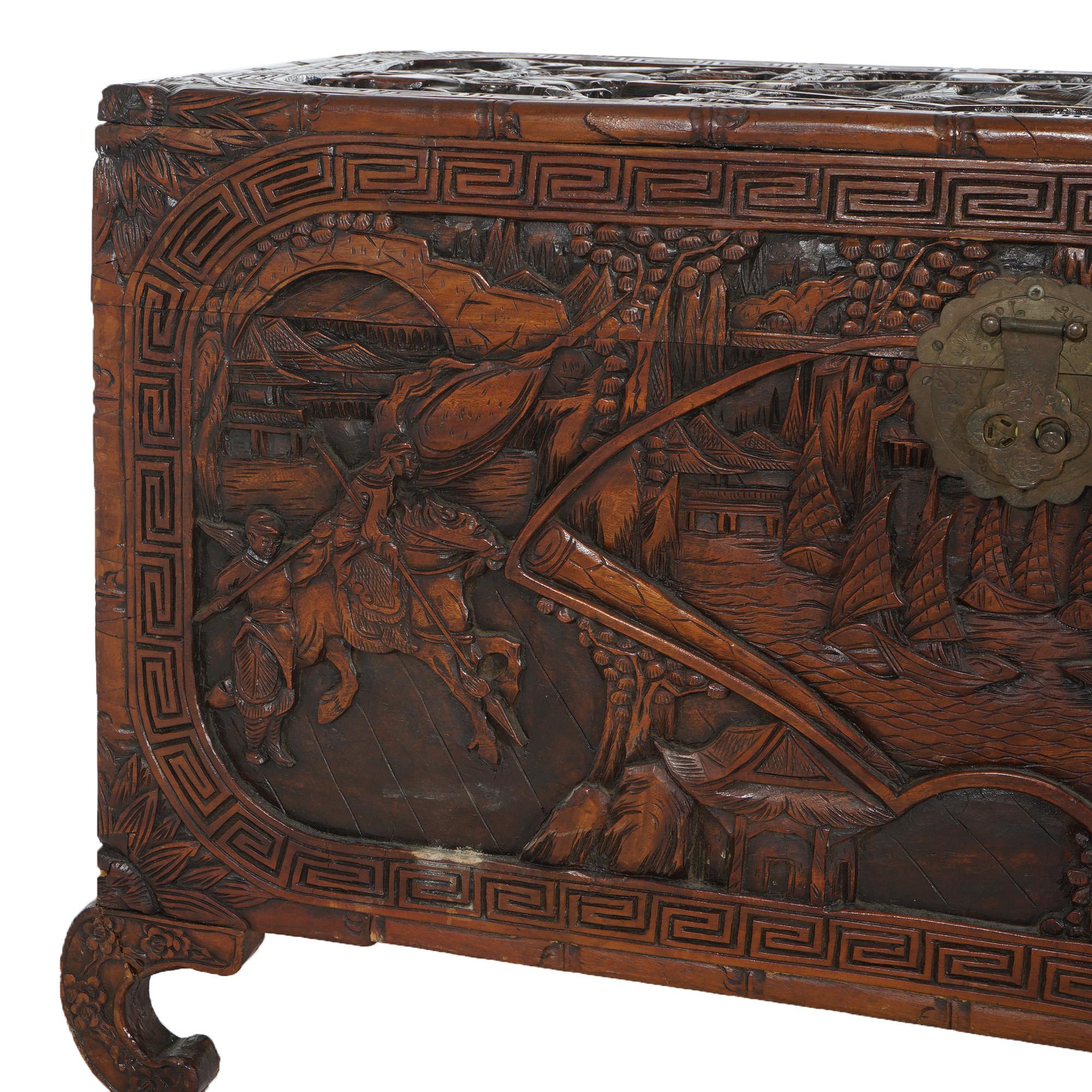 Antique Chinese Carved Hardwood Chest with Figures & Scenes in Relief C1920 For Sale 1
