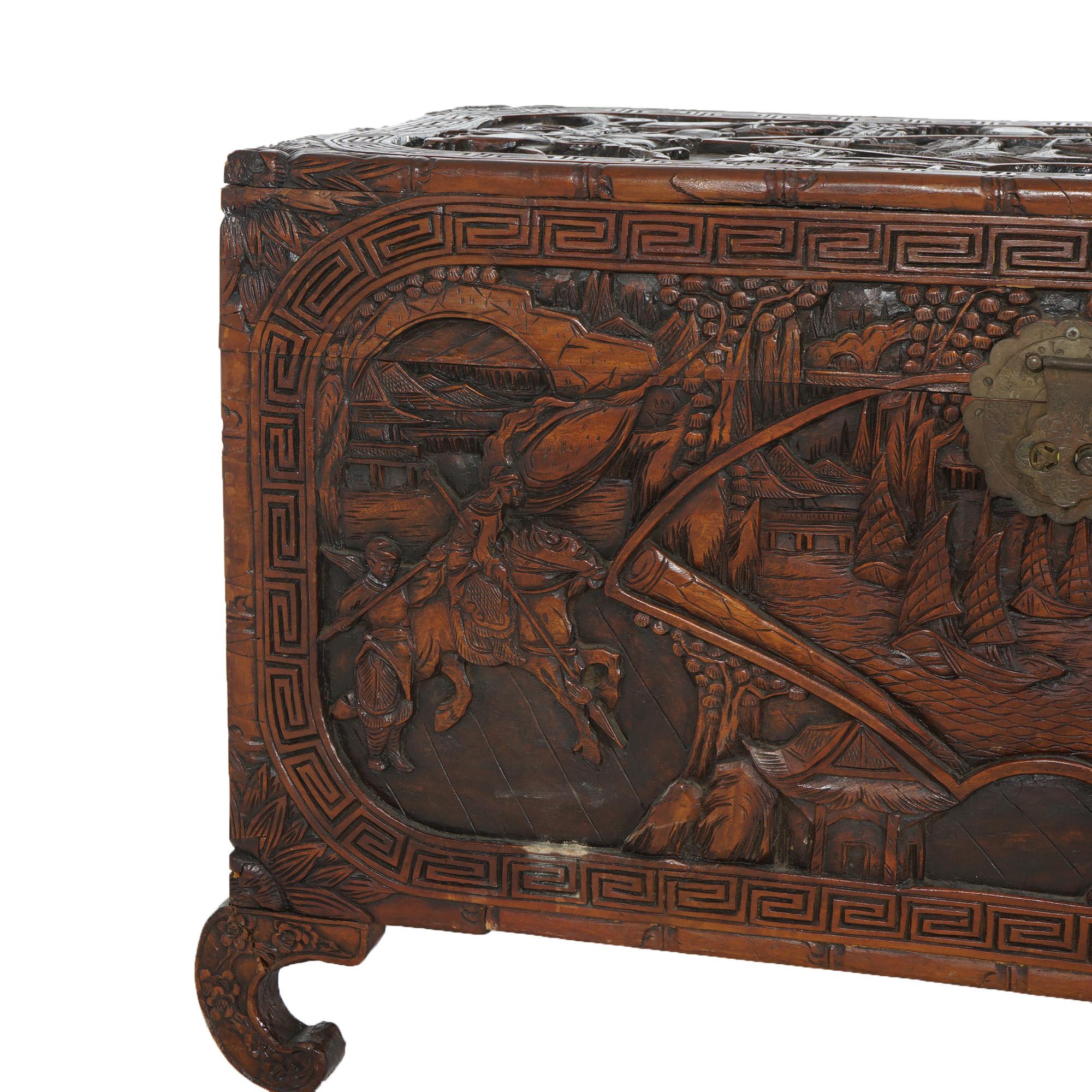 Antique Chinese Carved Hardwood Chest with Figures & Scenes in Relief C1920 For Sale 2