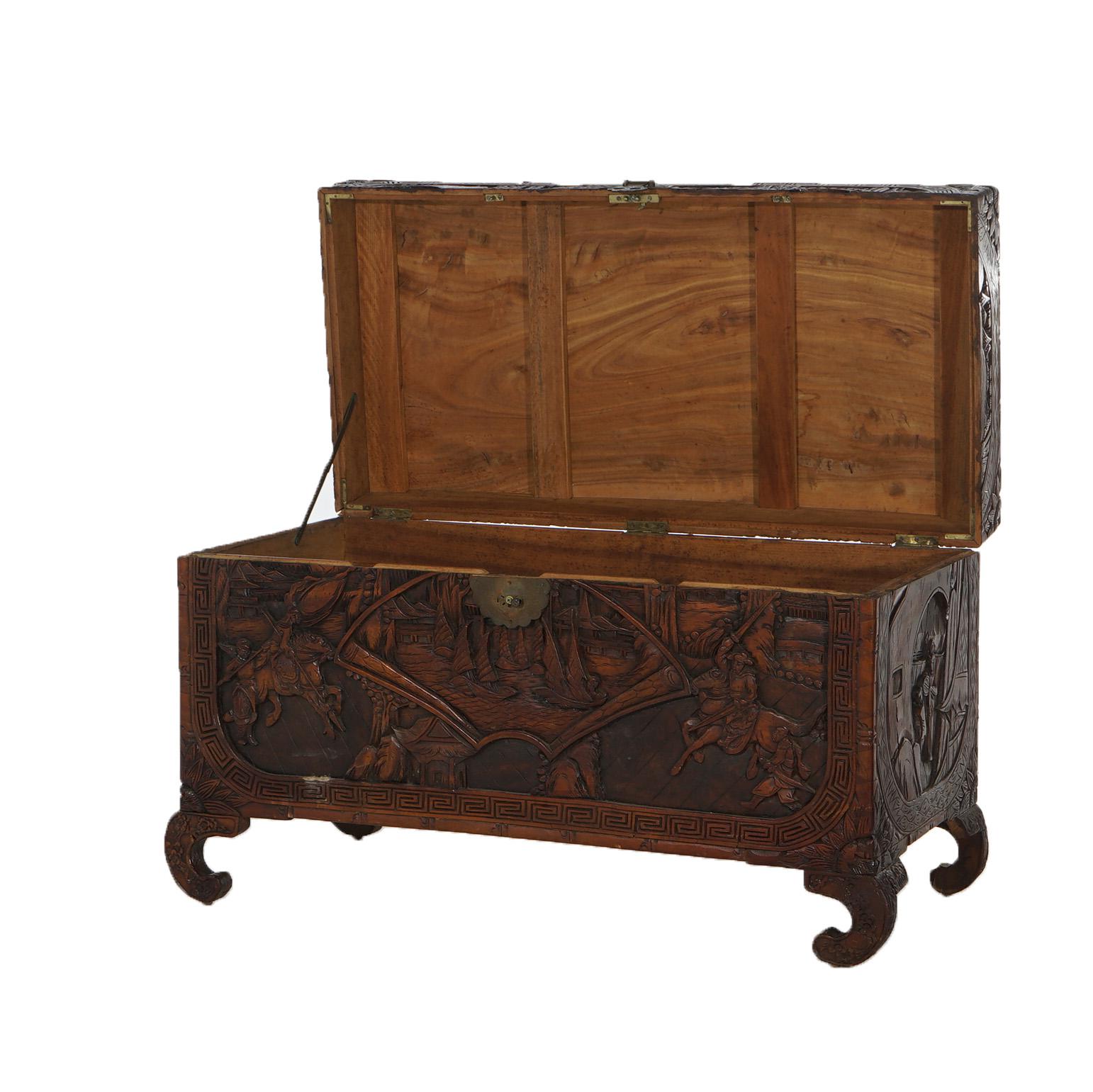 Antique Chinese Carved Hardwood Chest with Figures & Scenes in Relief C1920 For Sale 5