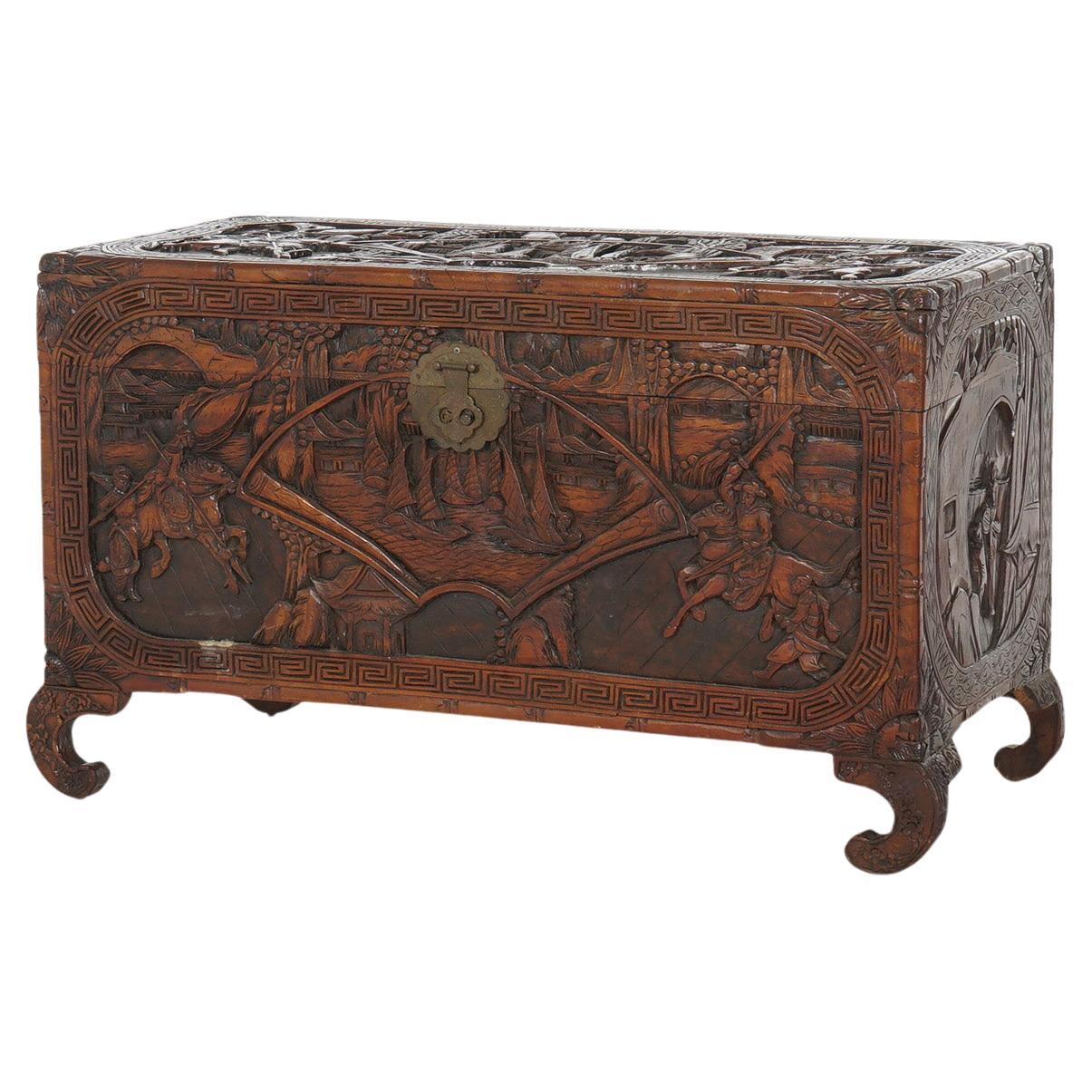Antique Chinese Carved Hardwood Chest with Figures & Scenes in Relief C1920