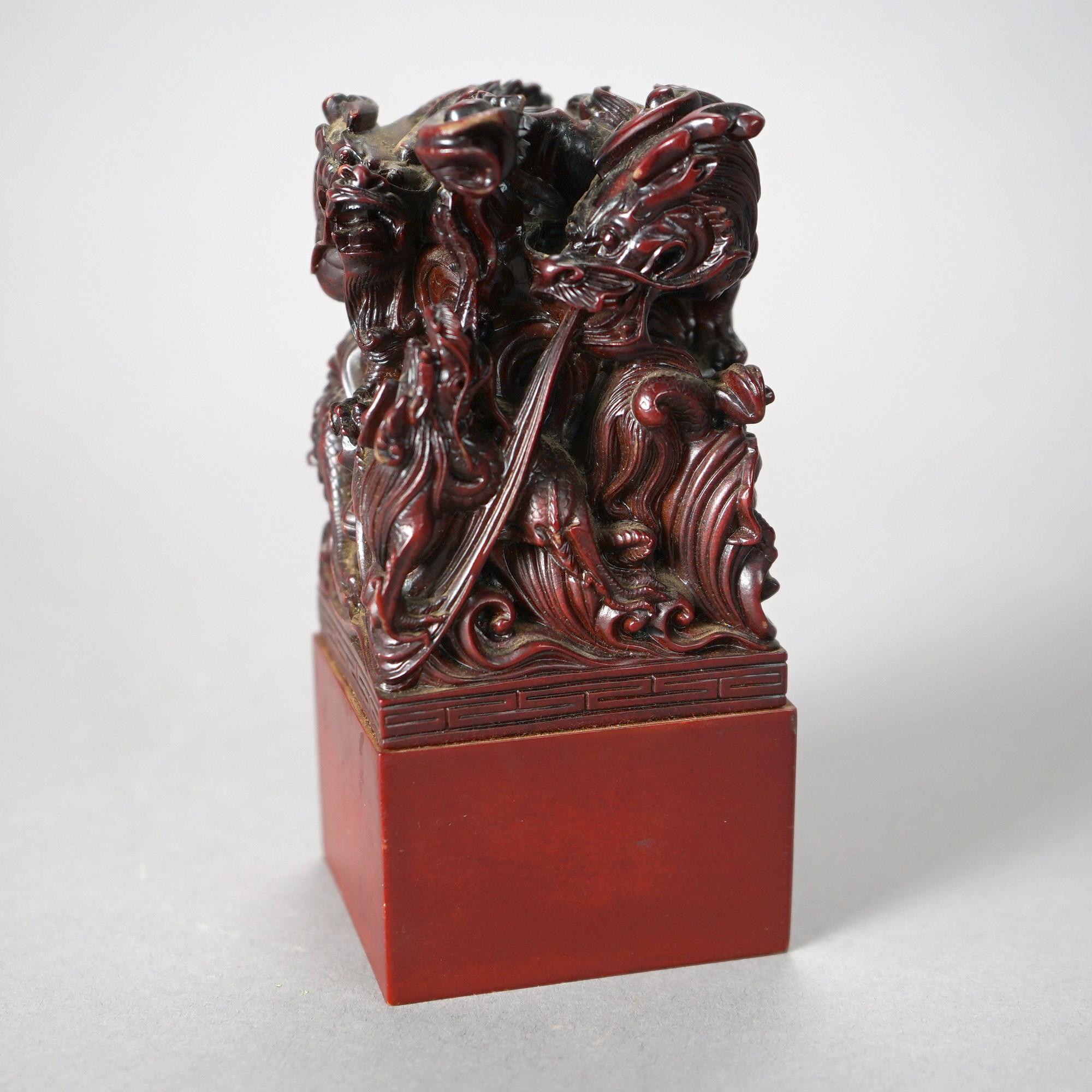Antique Chinese Carved Hardwood Figural Group with Dragons, circa 1920 For Sale 1