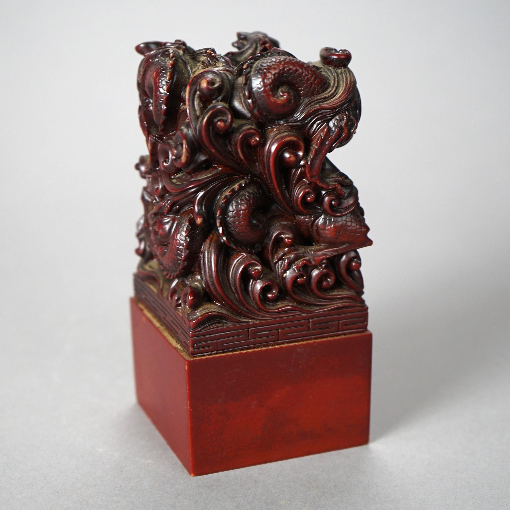 Antique Chinese Carved Hardwood Figural Group with Dragons, circa 1920 For Sale 3