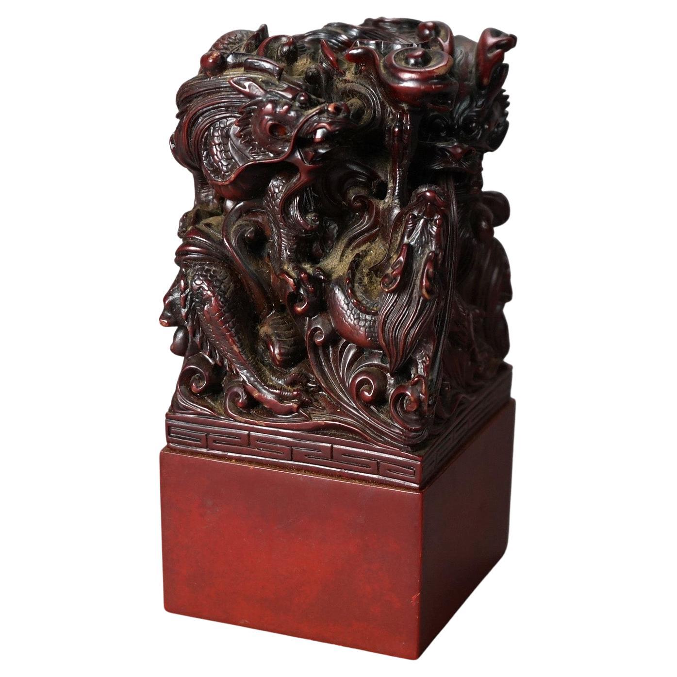 Antique Chinese Carved Hardwood Figural Group with Dragons, circa 1920 For Sale