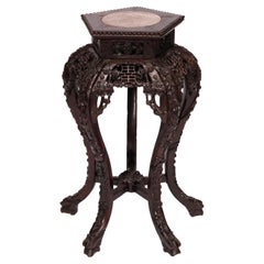 Antique Chinese Carved Hardwood Five Leg Marble-Top Plant Stand, Circa 1900