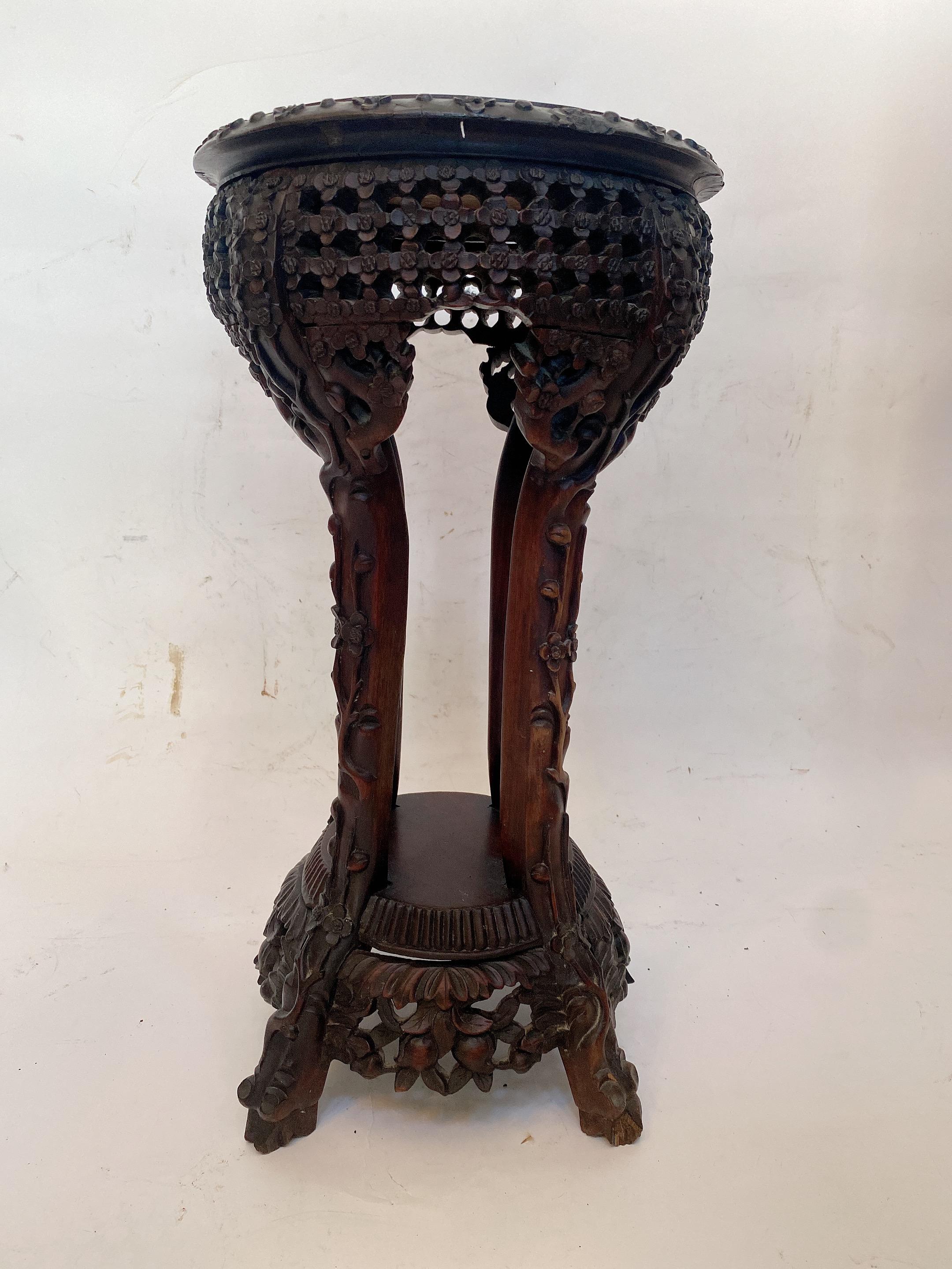Antique Chinese Carved Hardwood Flower Stands Marble-Top Insert For Sale 6
