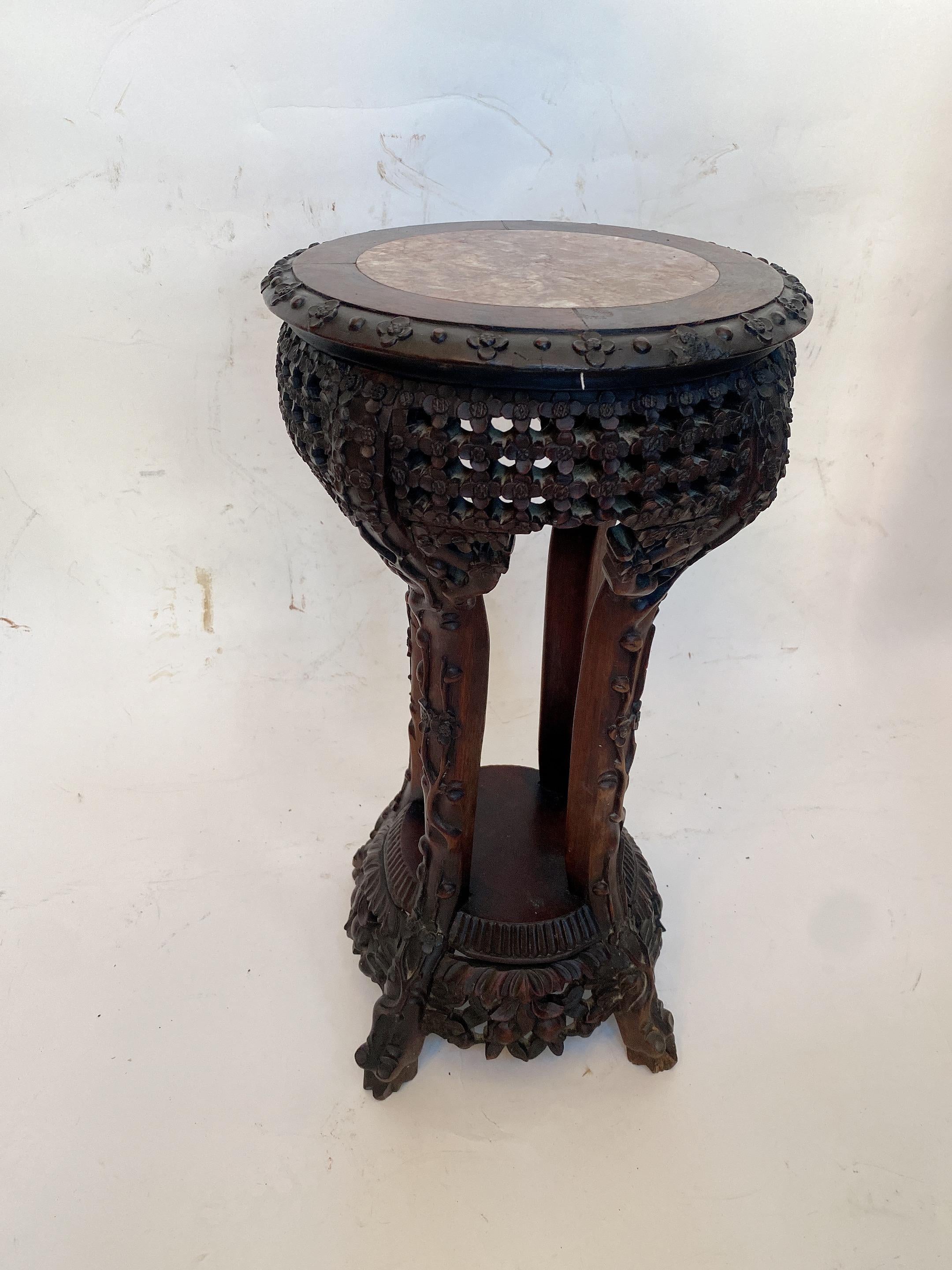 Antique Chinese Carved Hardwood Flower Stands Marble-Top Insert For Sale 7