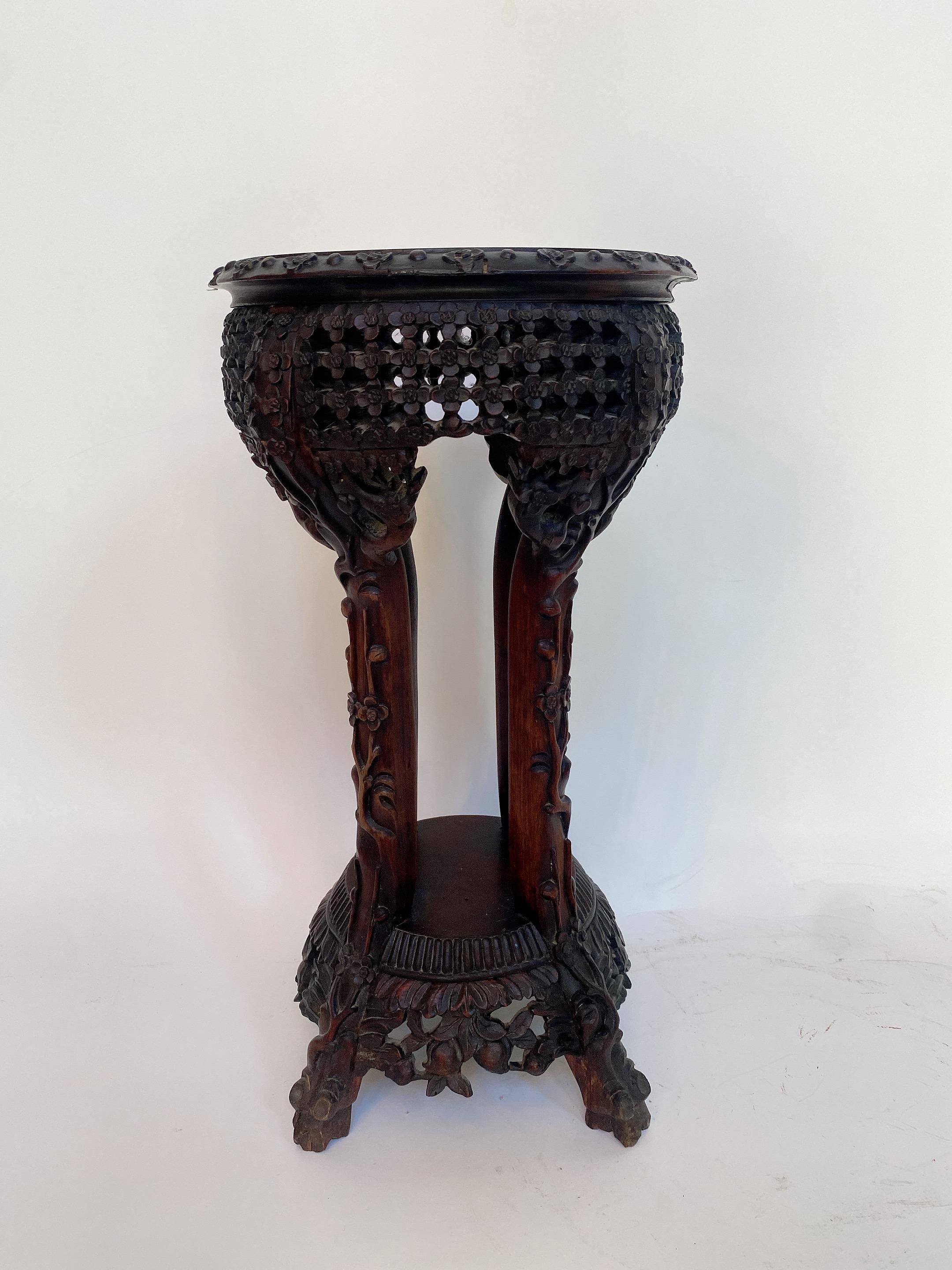 Chinese Export Antique Chinese Carved Hardwood Flower Stands Marble-Top Insert For Sale