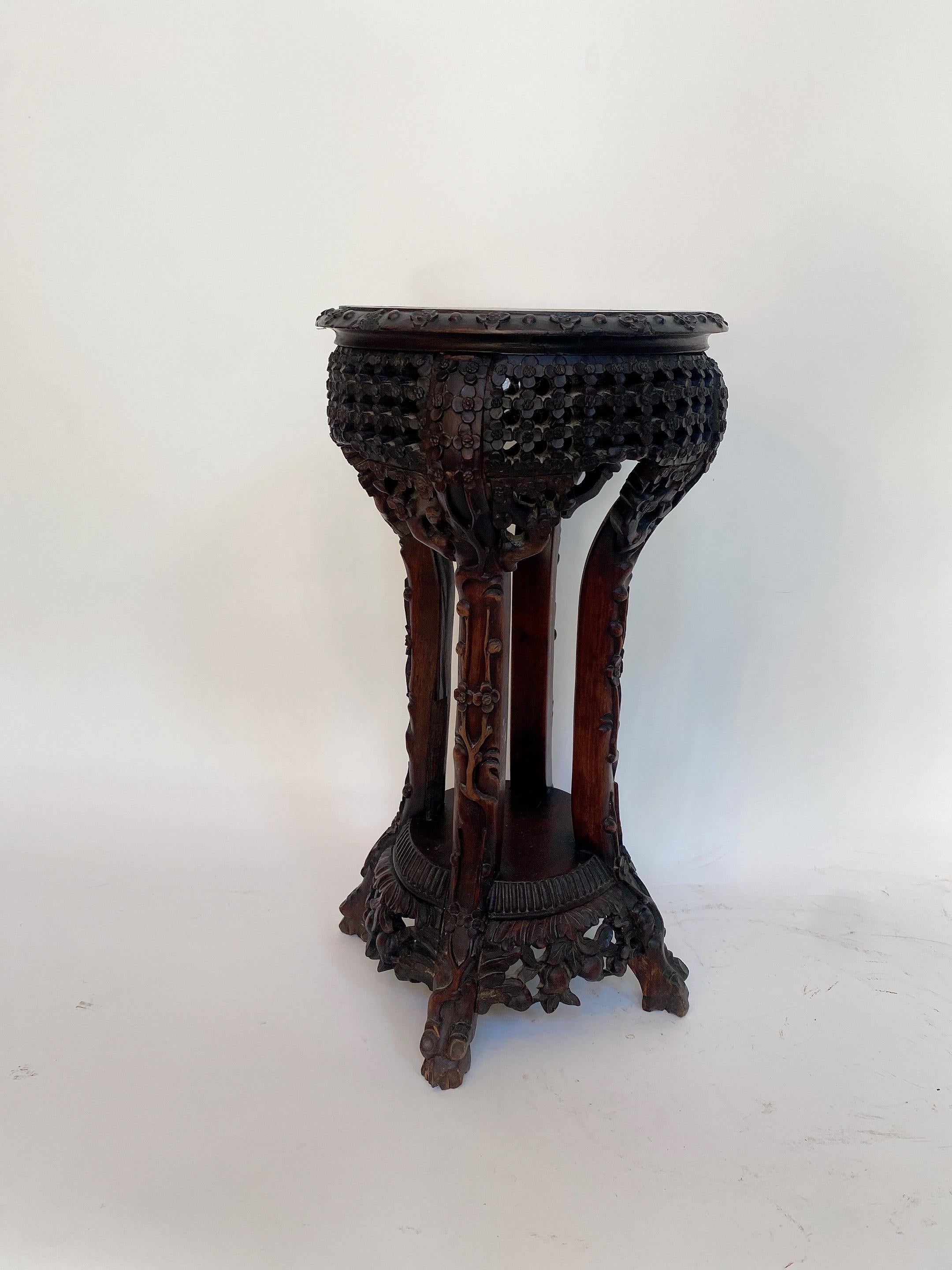 Hand-Carved Antique Chinese Carved Hardwood Flower Stands Marble-Top Insert For Sale