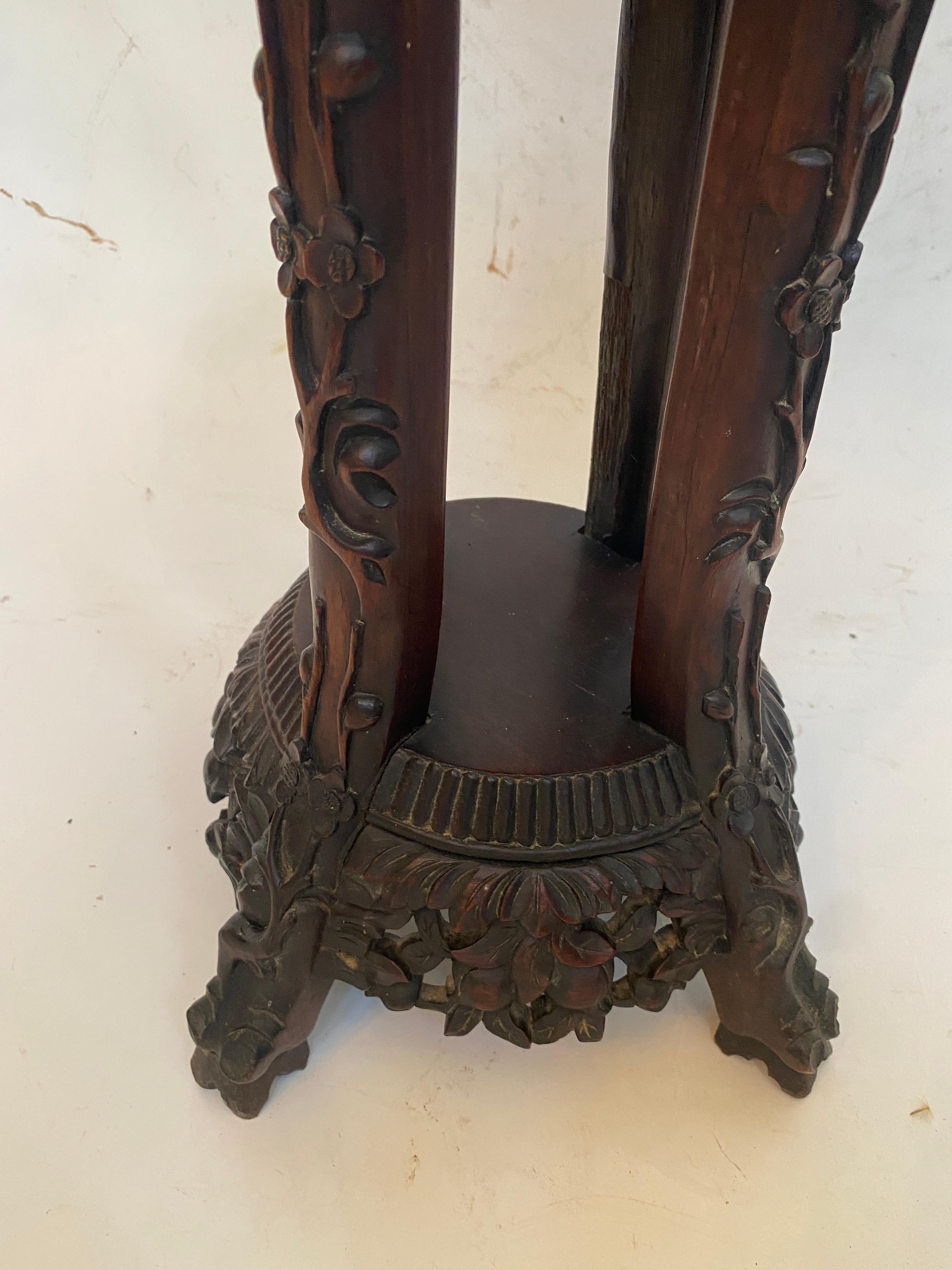 20th Century Antique Chinese Carved Hardwood Flower Stands Marble-Top Insert For Sale