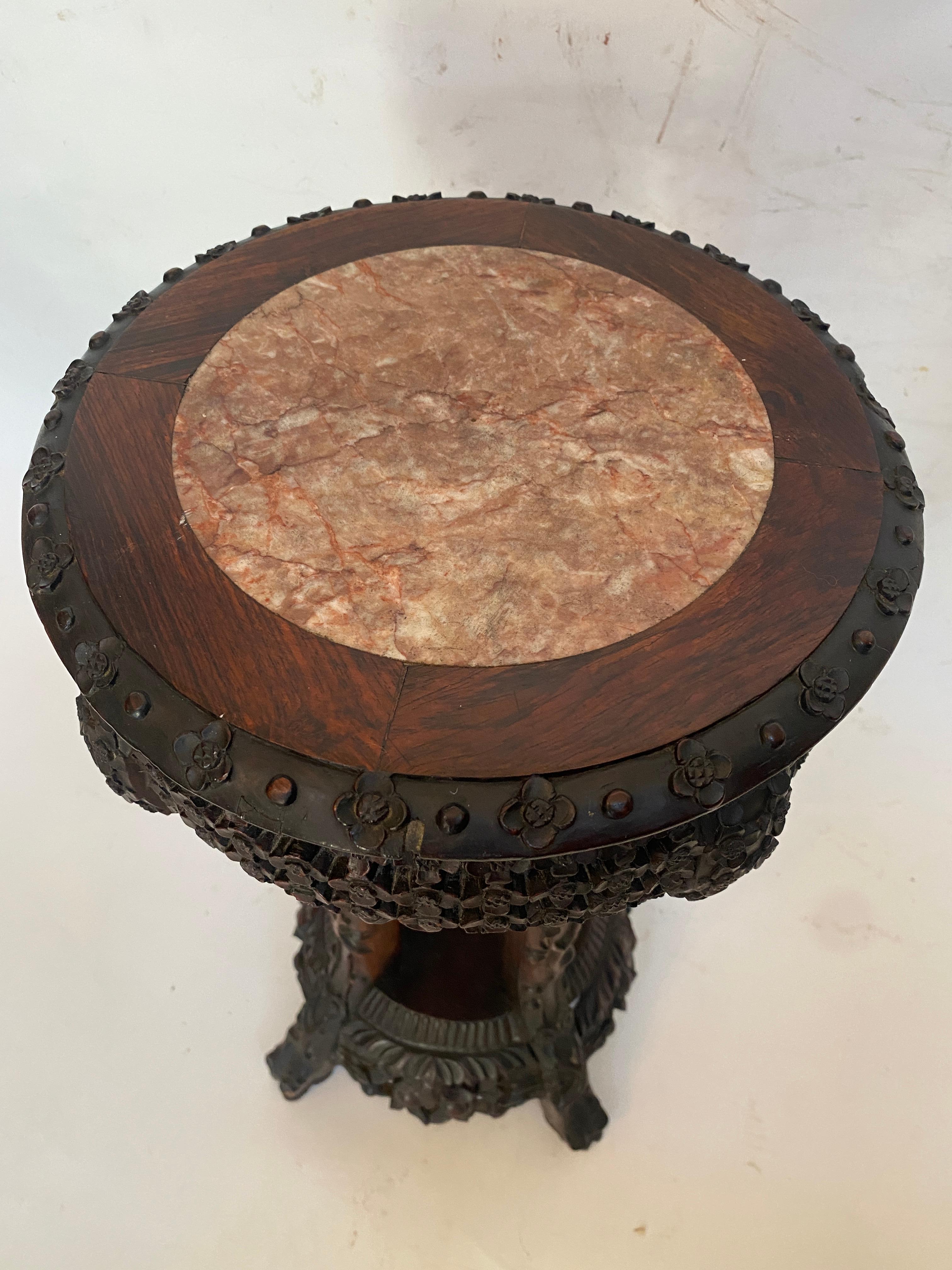 Antique Chinese Carved Hardwood Flower Stands Marble-Top Insert For Sale 1