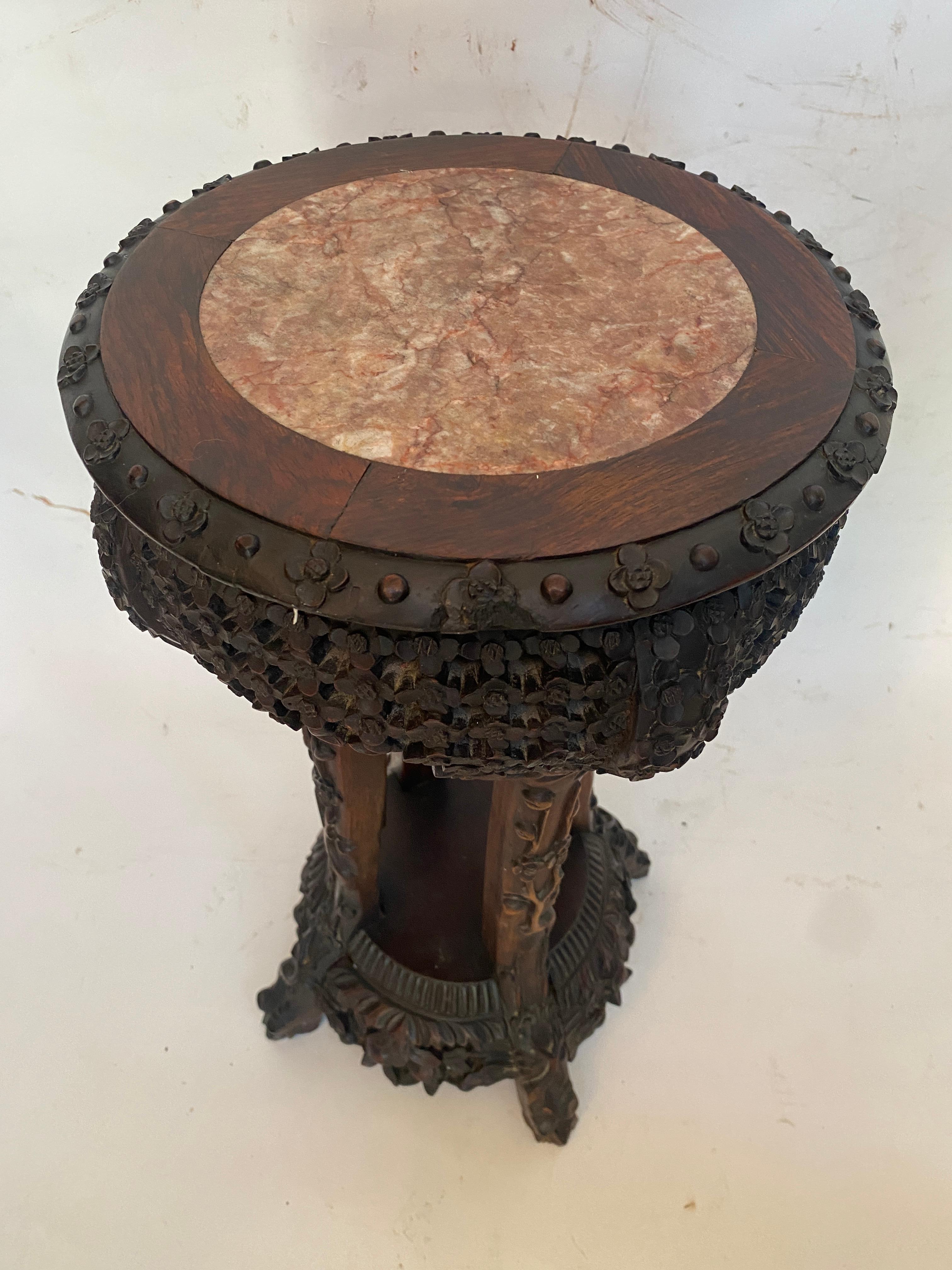 Antique Chinese Carved Hardwood Flower Stands Marble-Top Insert For Sale 2