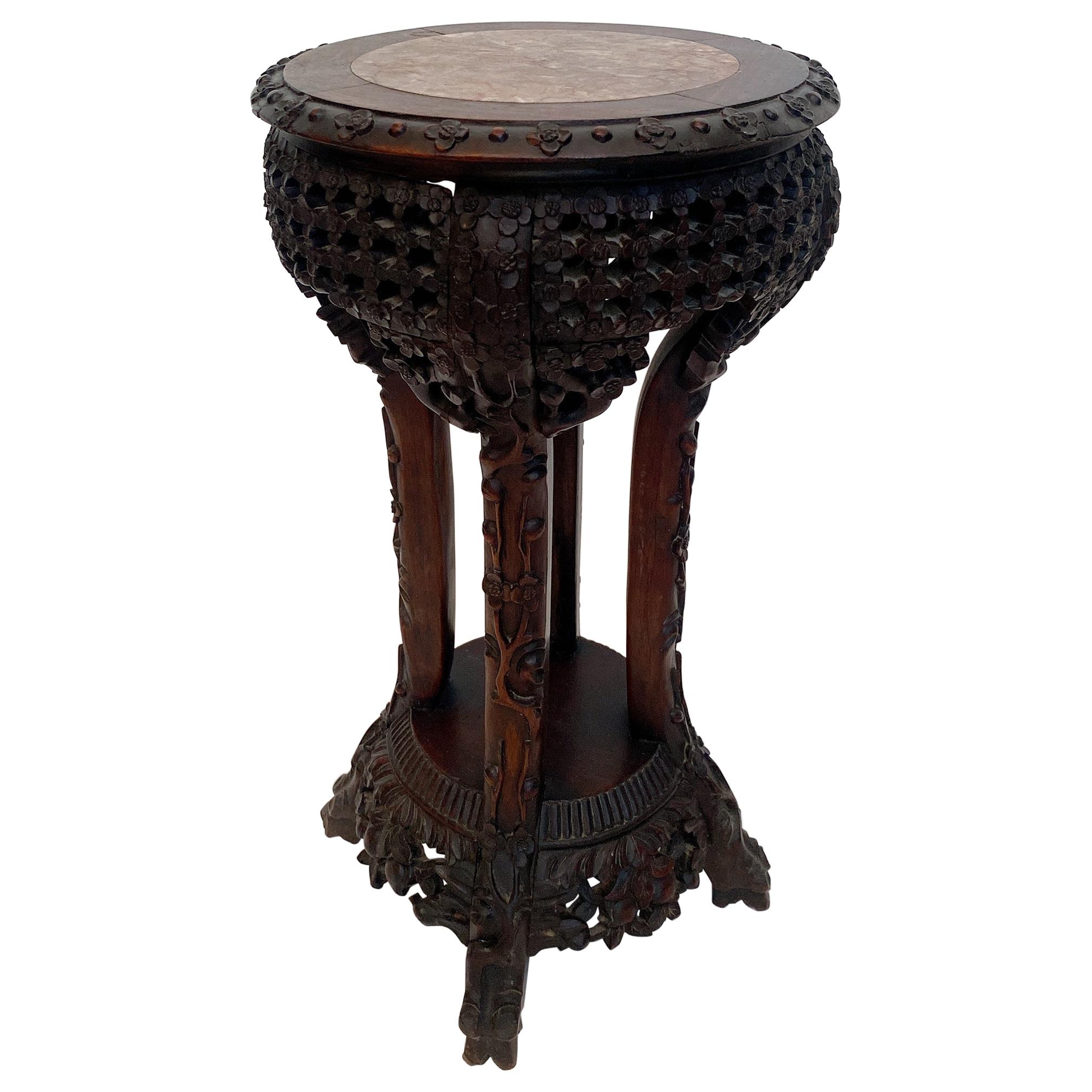 Antique Chinese Carved Hardwood Flower Stands Marble-Top Insert
