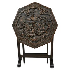 Antique Chinese Carved Hardwood Folding Gate Leg Table with Figural Carvings
