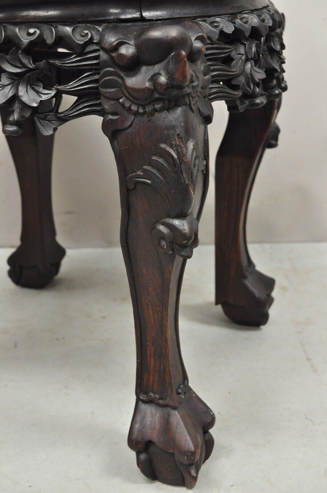 Antique Chinese Carved Hardwood Foo Dog Marble Top Plant Stand Side Table In Good Condition For Sale In Philadelphia, PA