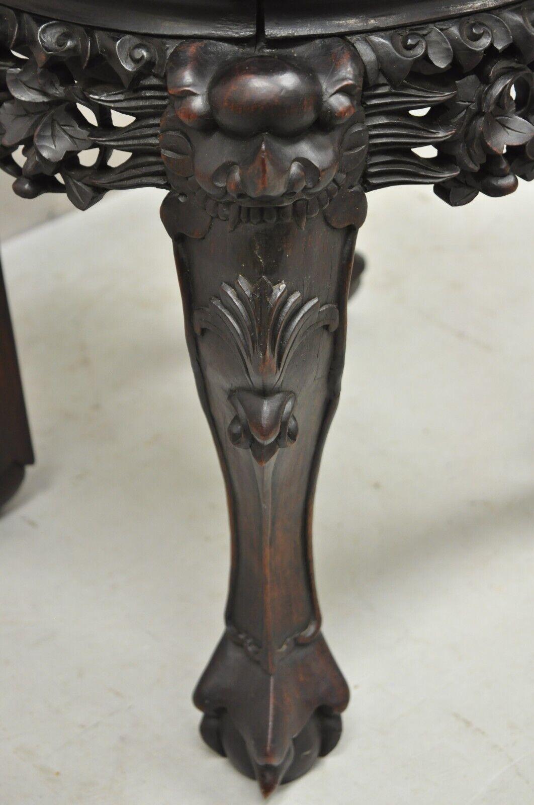 20th Century Antique Chinese Carved Hardwood Foo Dog Marble Top Plant Stand Side Table For Sale