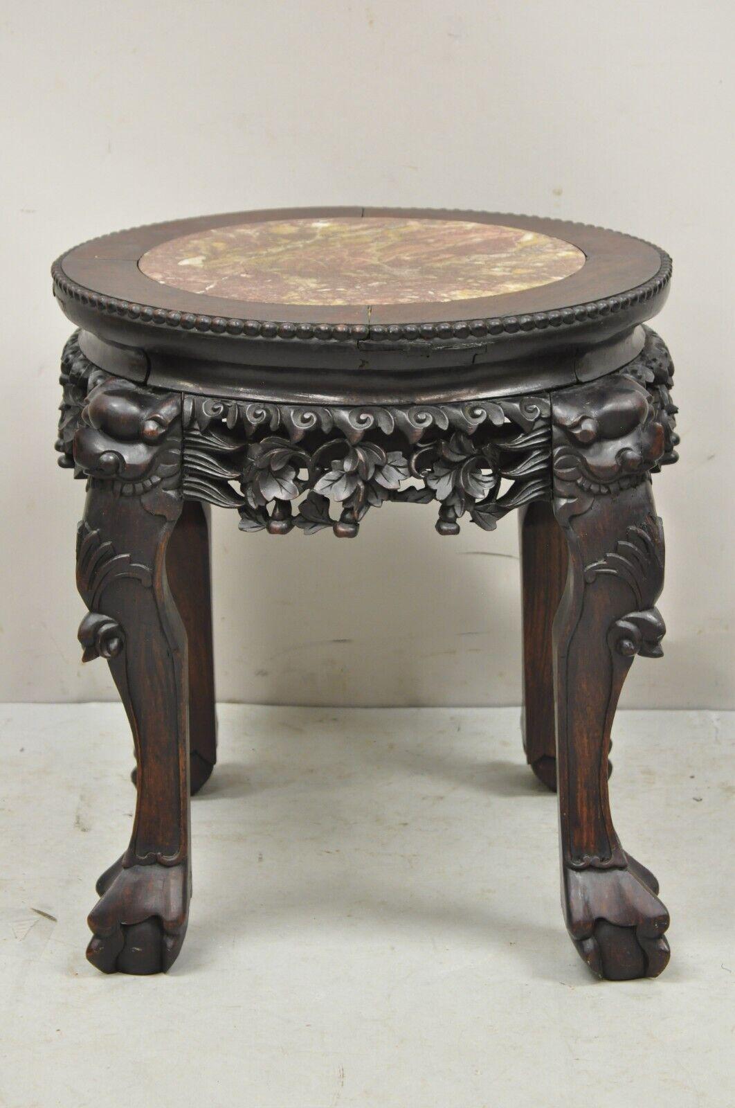 Antique Chinese Carved Hardwood Foo Dog Marble Top Plant Stand Side Table For Sale 1
