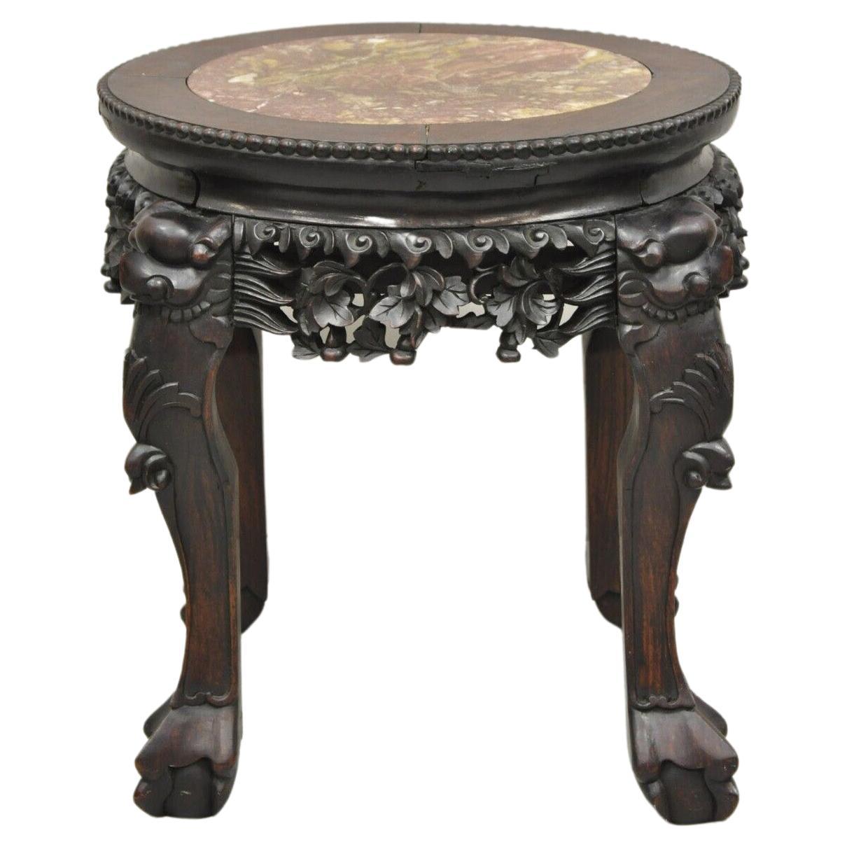 Antique Chinese Carved Hardwood Foo Dog Marble Top Plant Stand Side Table For Sale