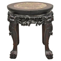 Antique Chinese Carved Hardwood Foo Dog Marble Top Plant Stand Side Table