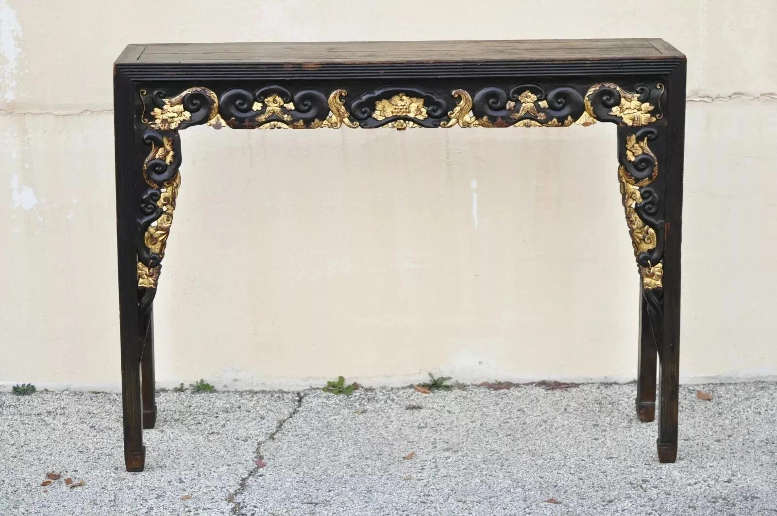 Antique Chinese Carved Hardwood Gold Gilt Tall Altar Console Hall Table. Item features gold gilt details, tall impressive size, solid wood construction, distressed finish, nicely carved details, very nice antique item. Circa Early 20th Century.