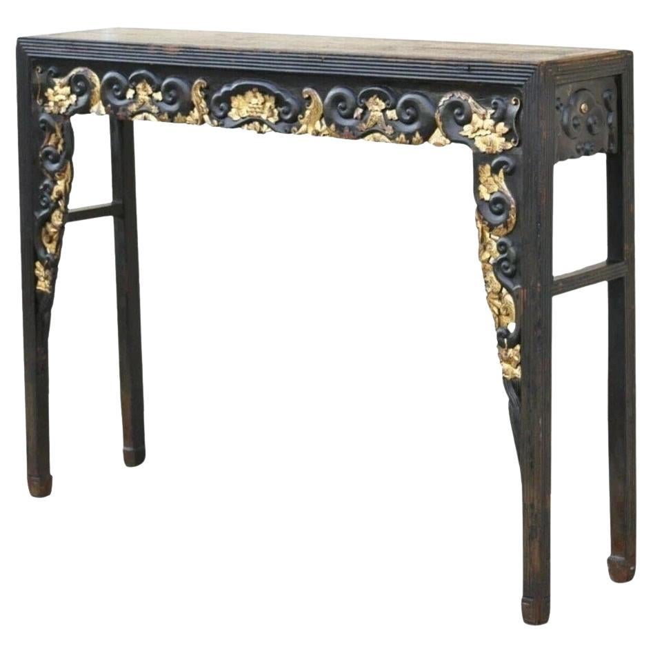 Antique Chinese Carved Hardwood Gold Gilt Tall Altar Console Hall Table