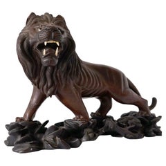 Antique Chinese Carved Hardwood Lion on Stand, 19th Century Carving Sculpture