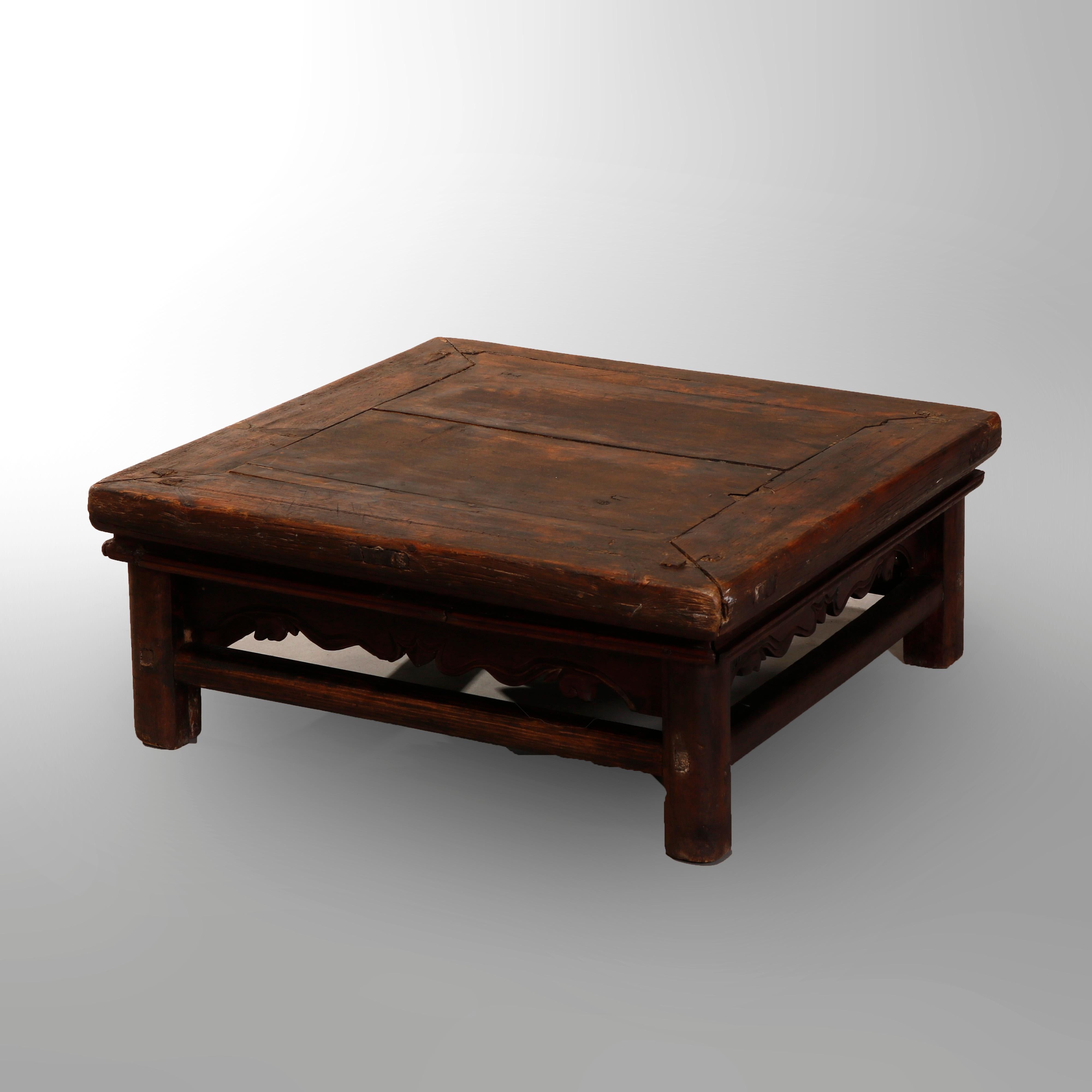 Primitive Antique Chinese Carved Hardwood Low Table, 19th Century