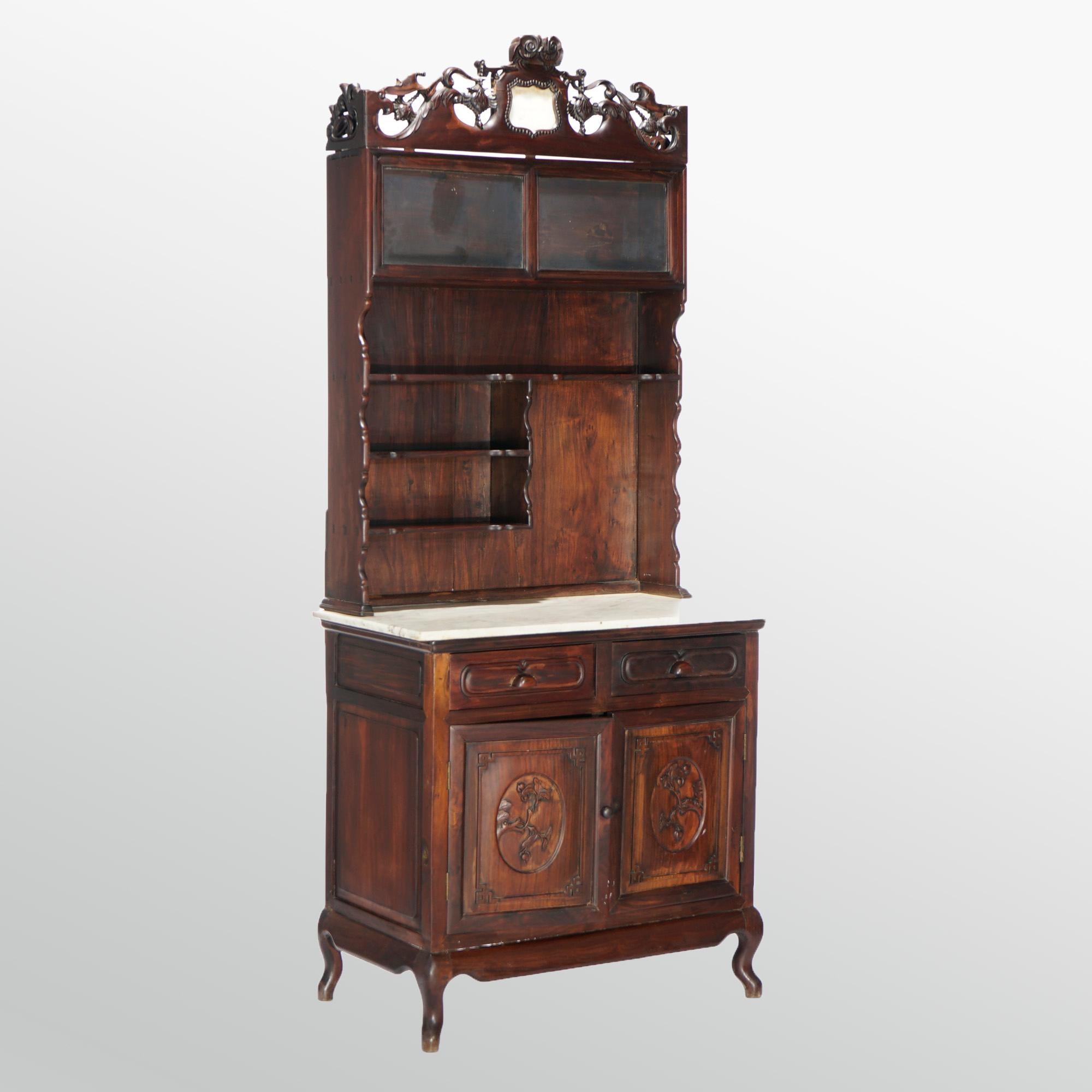 Antique Chinese Carved Hardwood & Marble Display Cabinet Circa 1920 In Good Condition In Big Flats, NY