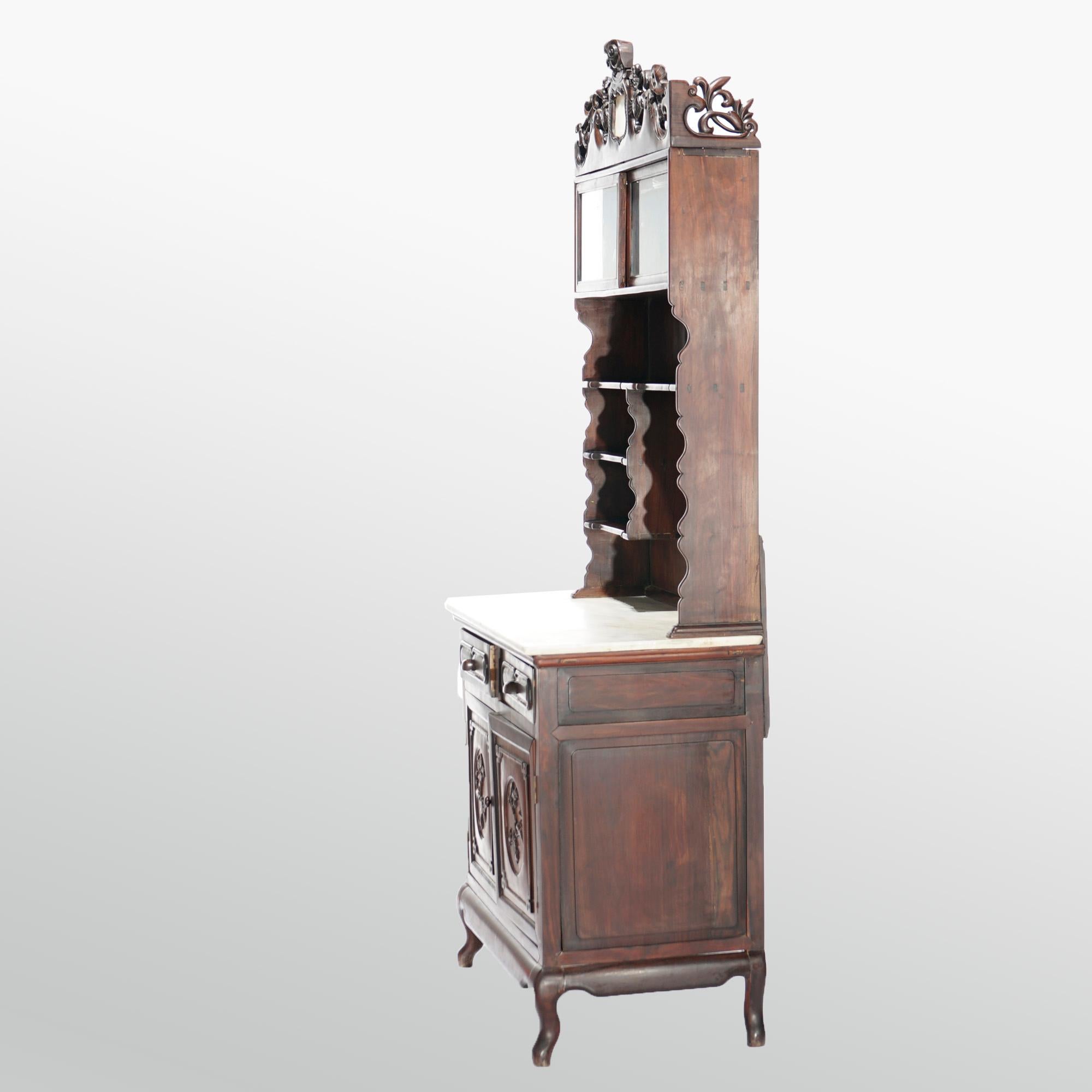 20th Century Antique Chinese Carved Hardwood & Marble Display Cabinet Circa 1920