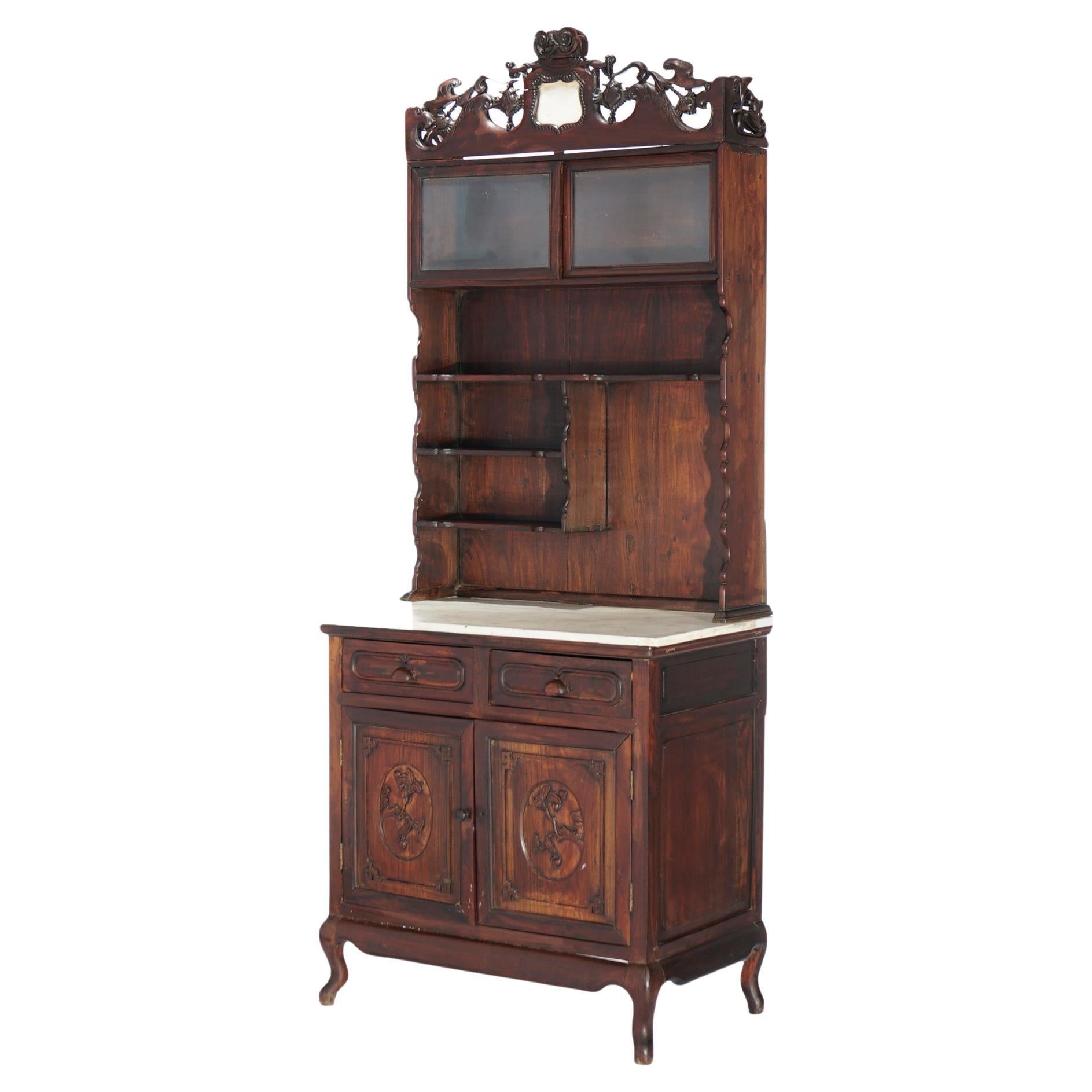 Antique Chinese Carved Hardwood & Marble Display Cabinet Circa 1920