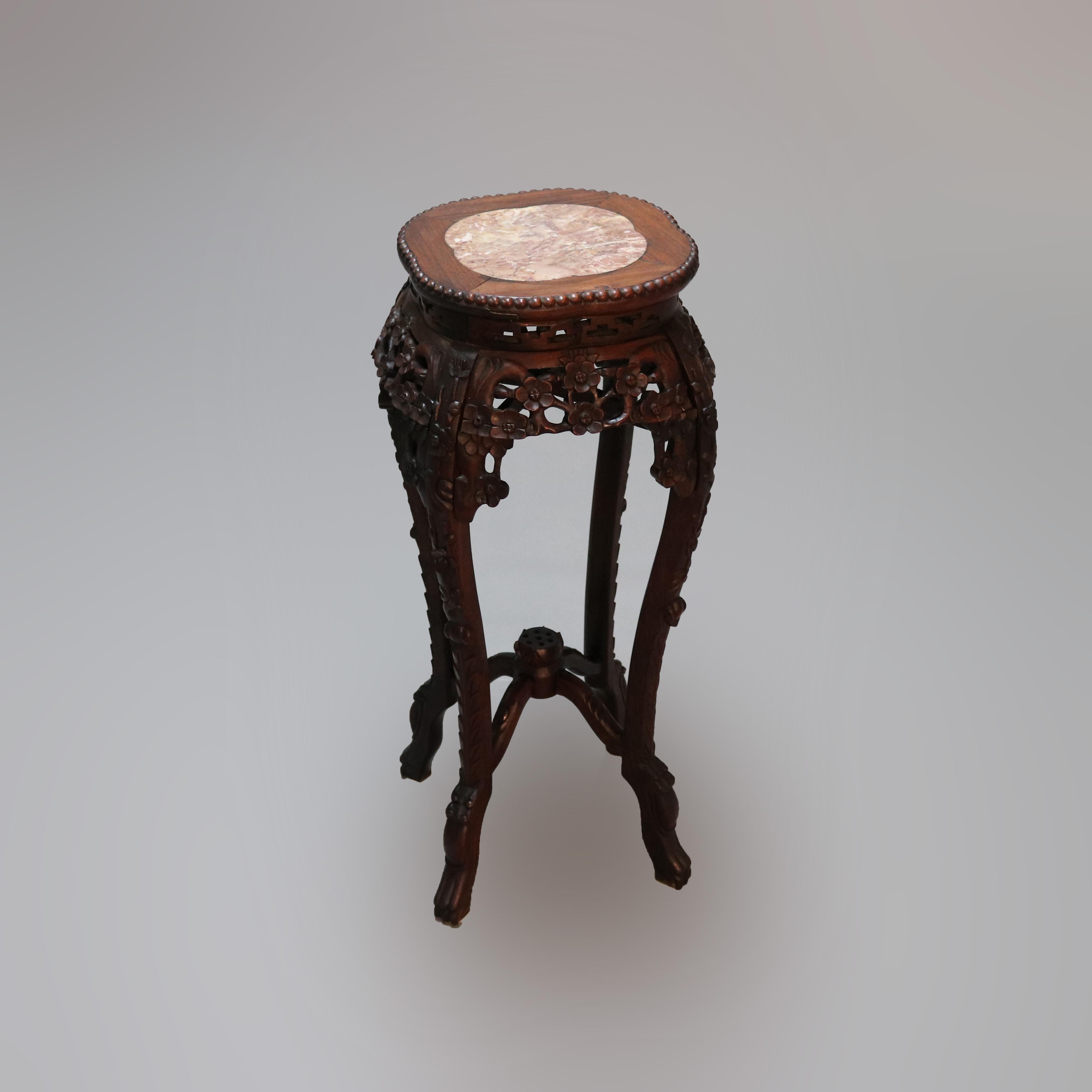 Antique Chinese Carved Hardwood & Marble Fern Stand, Circa 1900 7