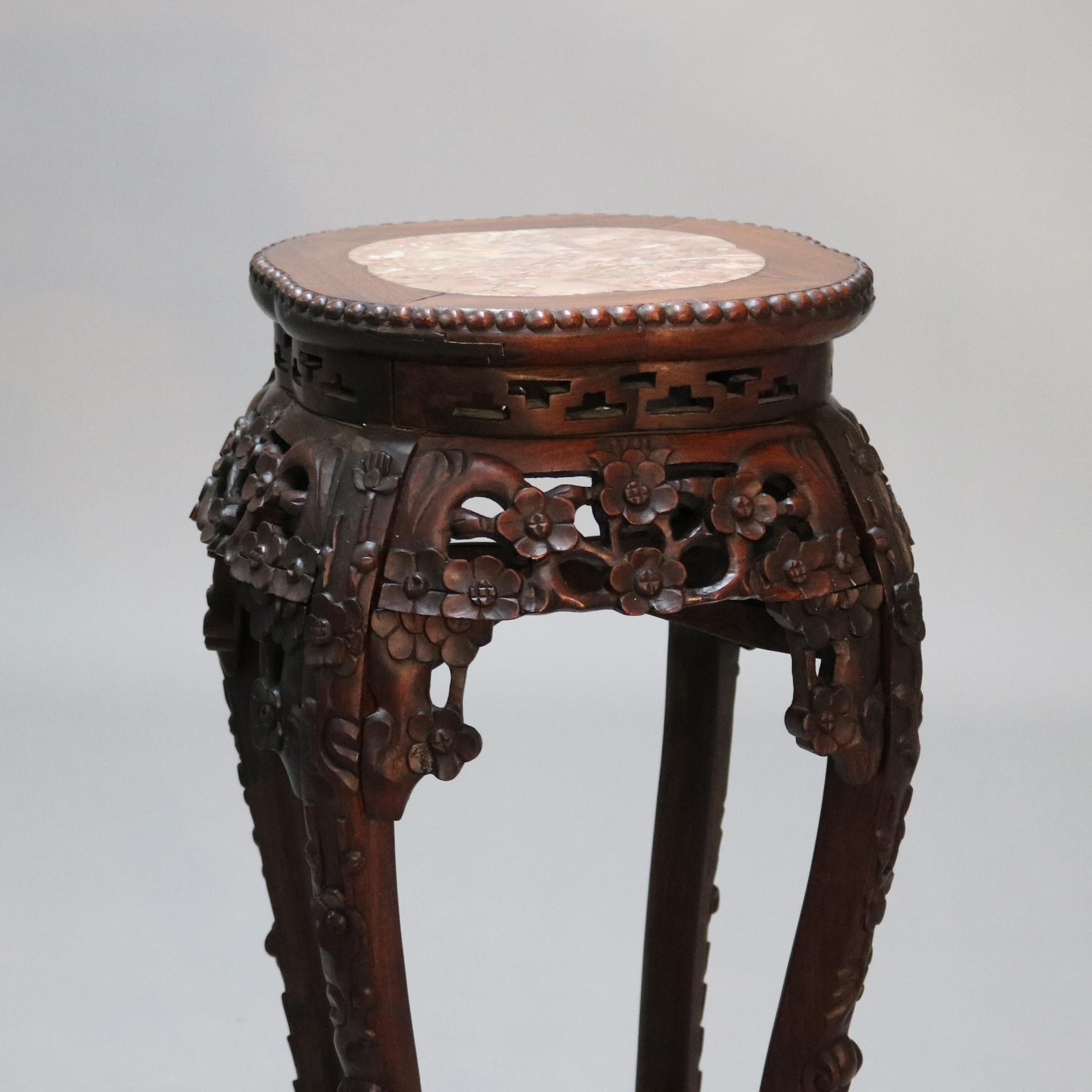 Antique Chinese Carved Hardwood & Marble Fern Stand, Circa 1900 1
