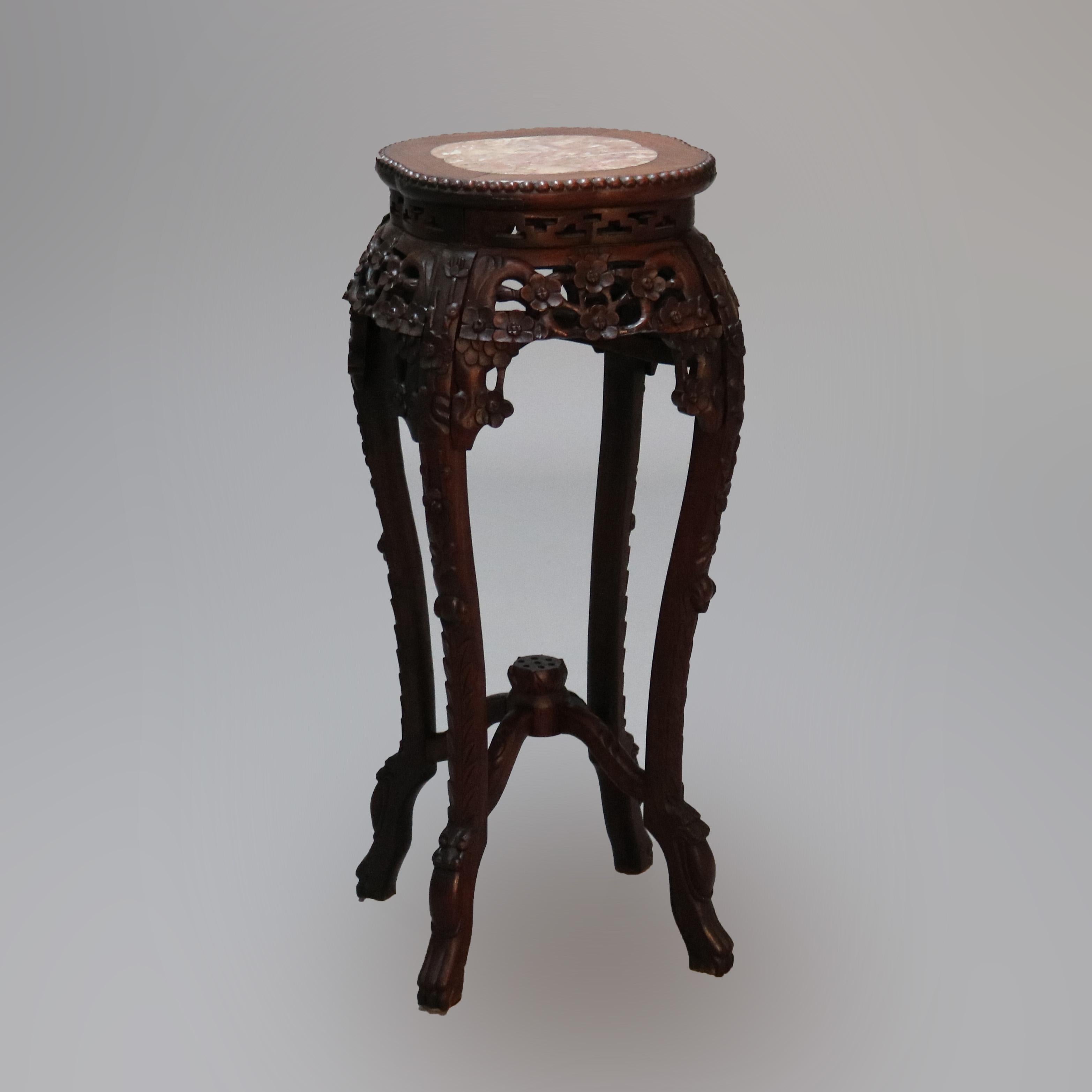 Antique Chinese Carved Hardwood & Marble Fern Stand, Circa 1900 4